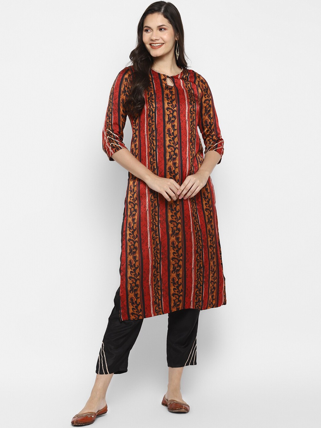 VAABA Women Maroon Ethnic Motifs Printed Pleated Kurta with Trousers