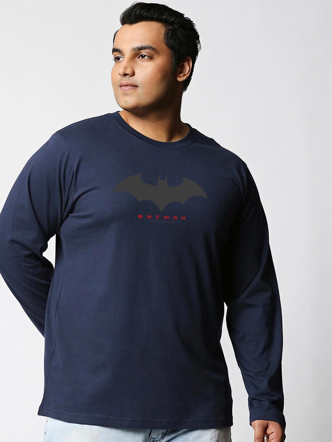 

Bewakoof Plus Men Plus Size Navy Blue Batman Printed Round Neck Full Sleeve T-shirt