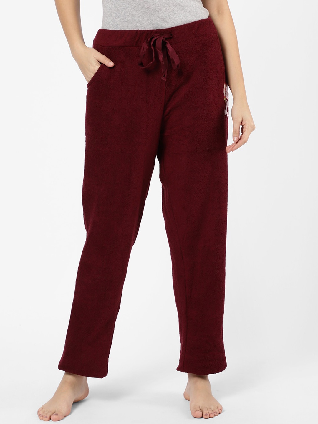 

Sweet Dreams Women Burgundy Solid Mid-Rise Lounge Pants