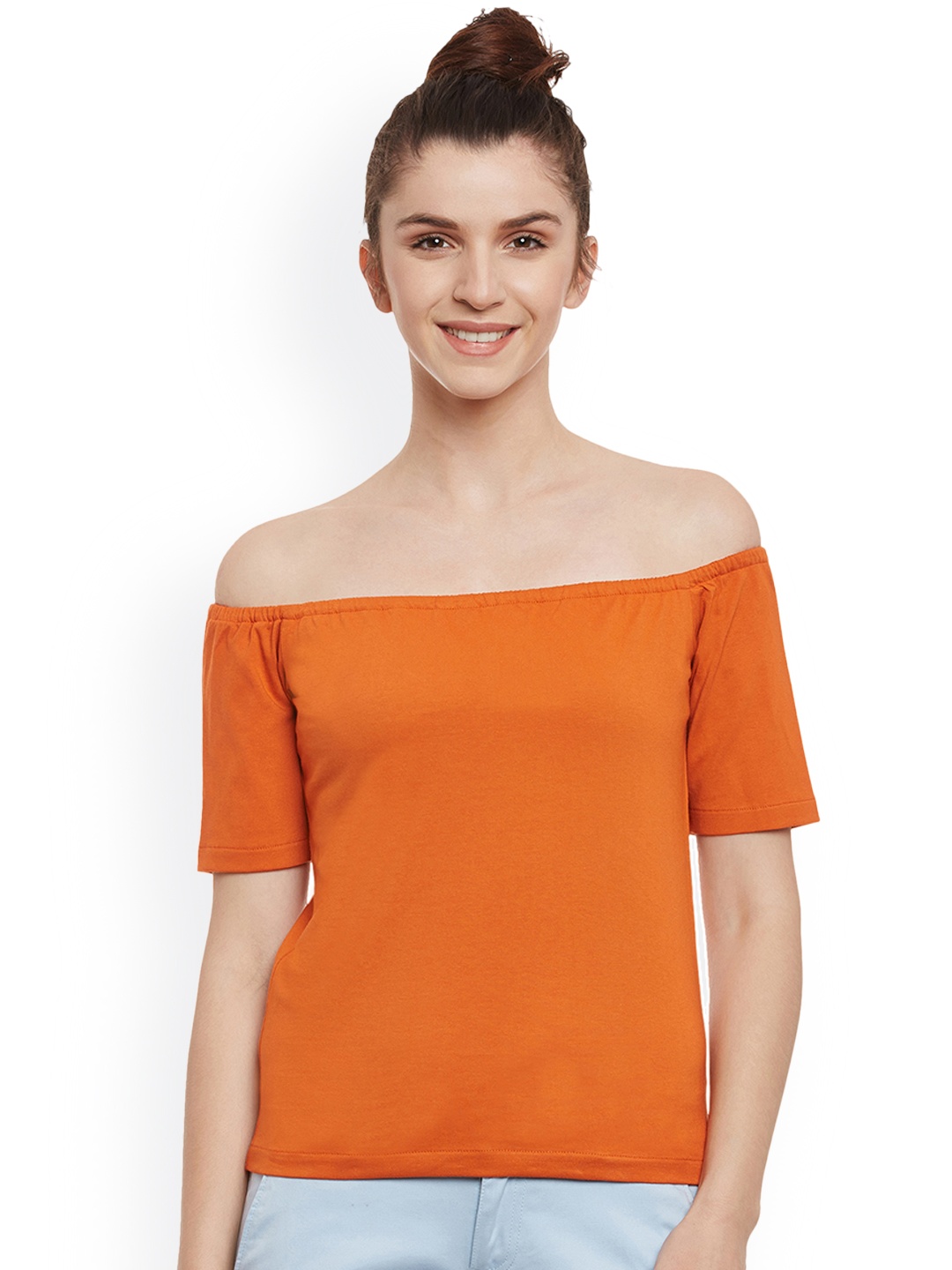 

Miss Chase Women Orange Solid Bardot Pure Cotton Top