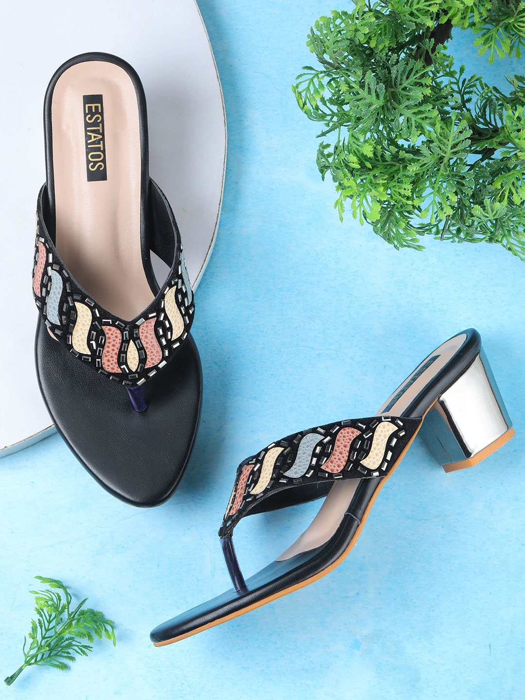 

ESTATOS Women Black PU Block Heels Sandals