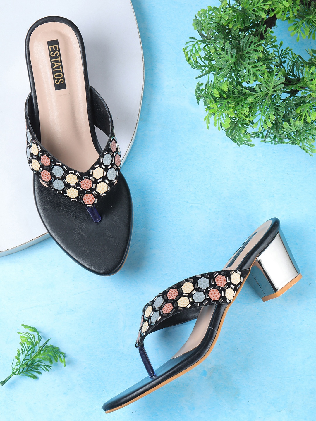 

ESTATOS Women Black Embellished PU Block Heels
