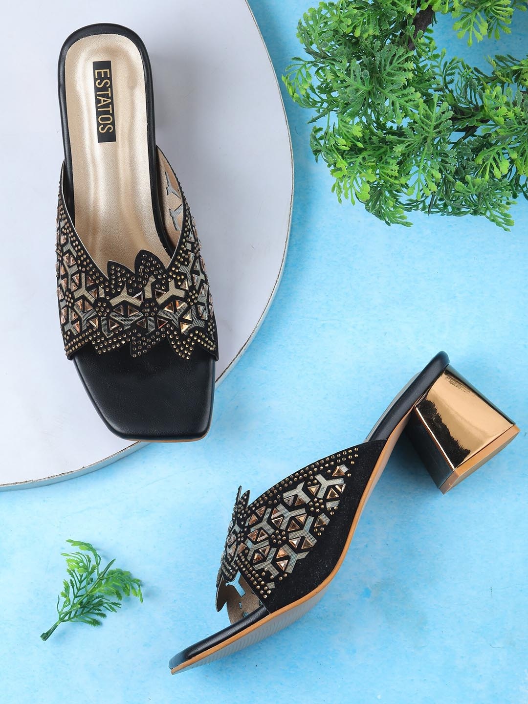 

ESTATOS Black Embellished Velvet Party Block Sandals