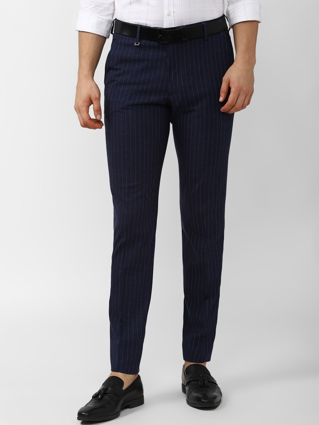 

Van Heusen Men Navy Blue Striped Slim Fit Trousers