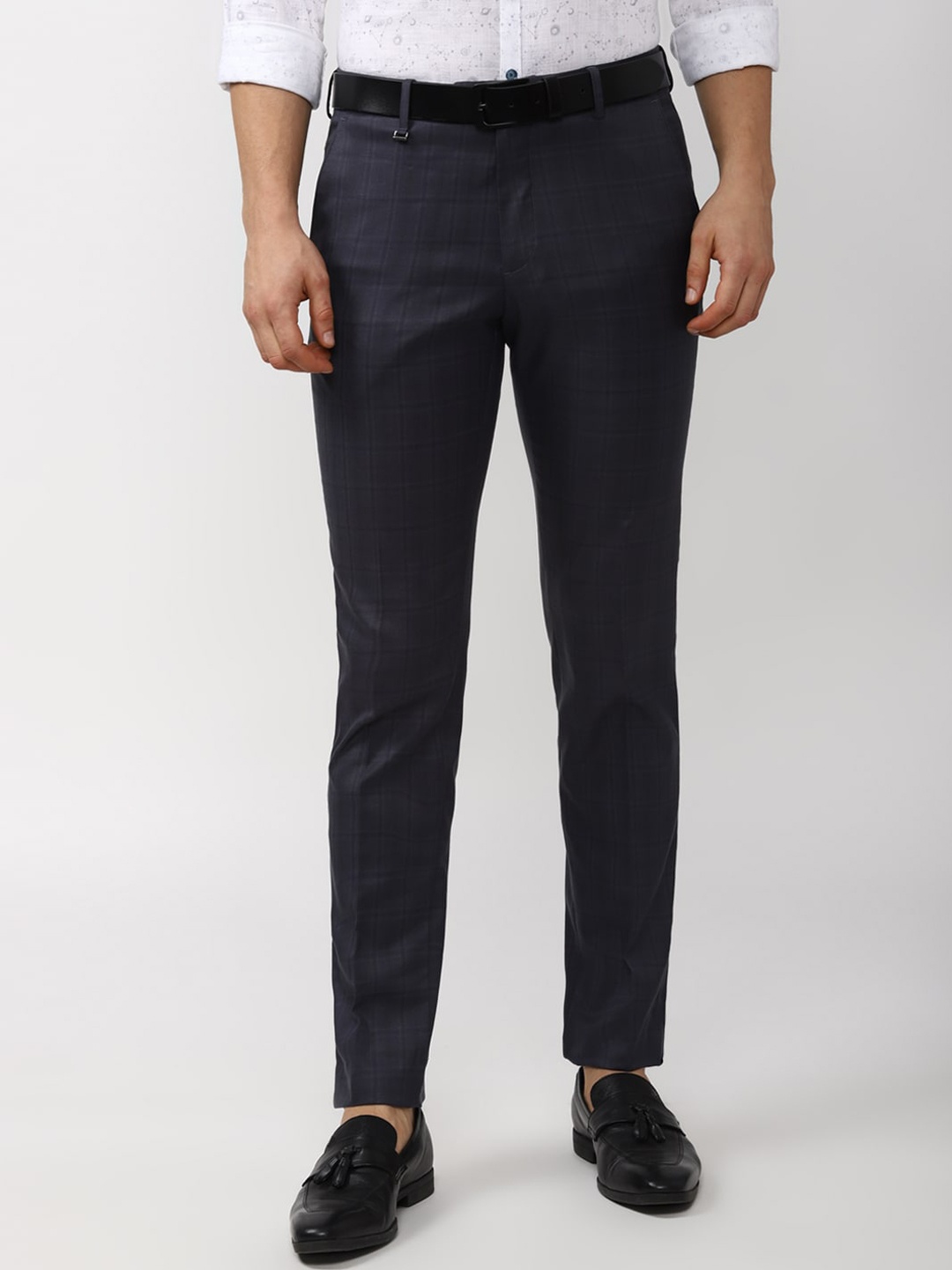 

Van Heusen Men Navy Blue Checked Slim Fit Trousers