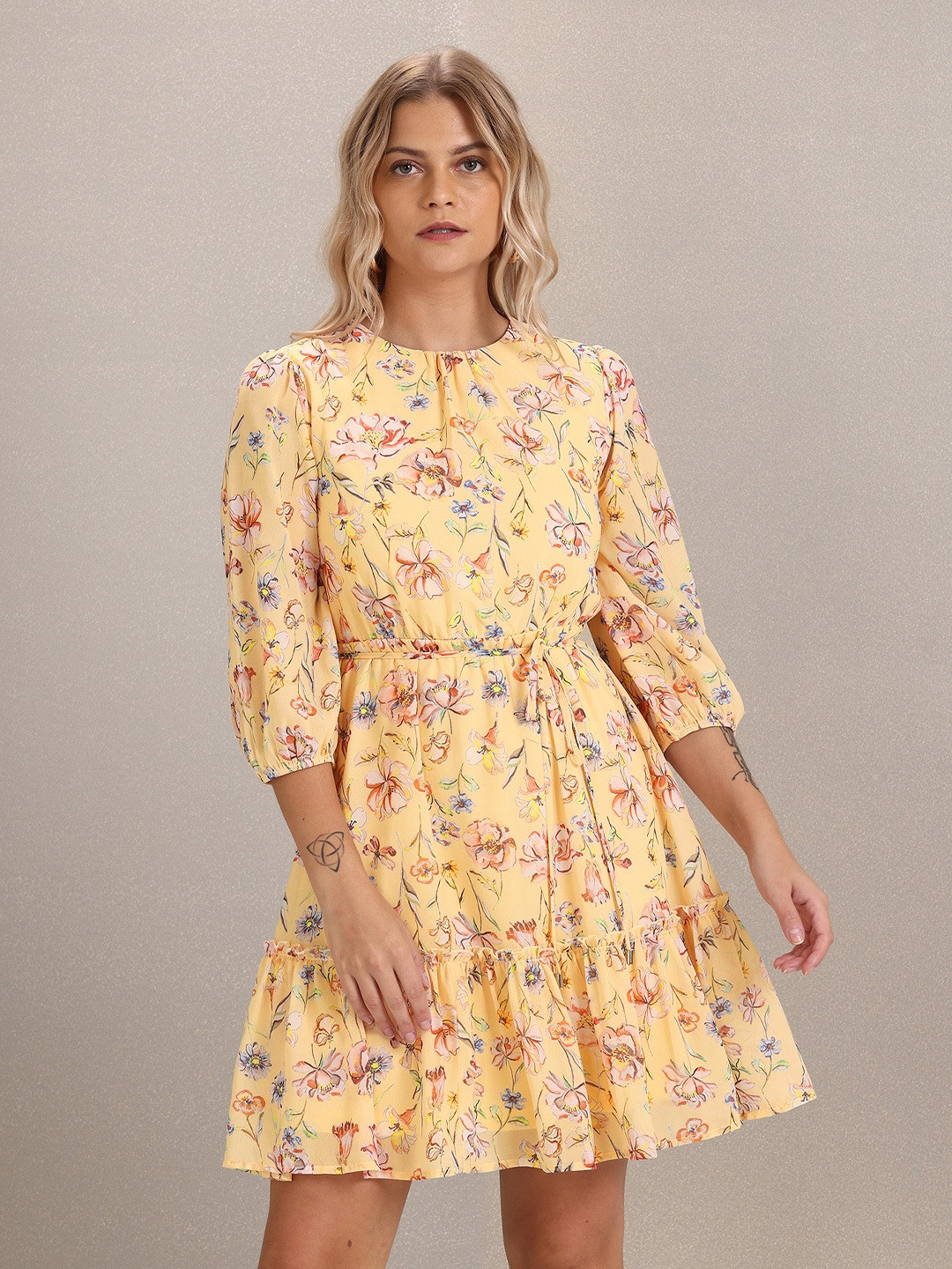

U S Polo Assn Women Yellow & Pink Floral Printed Georgette Mini Dress