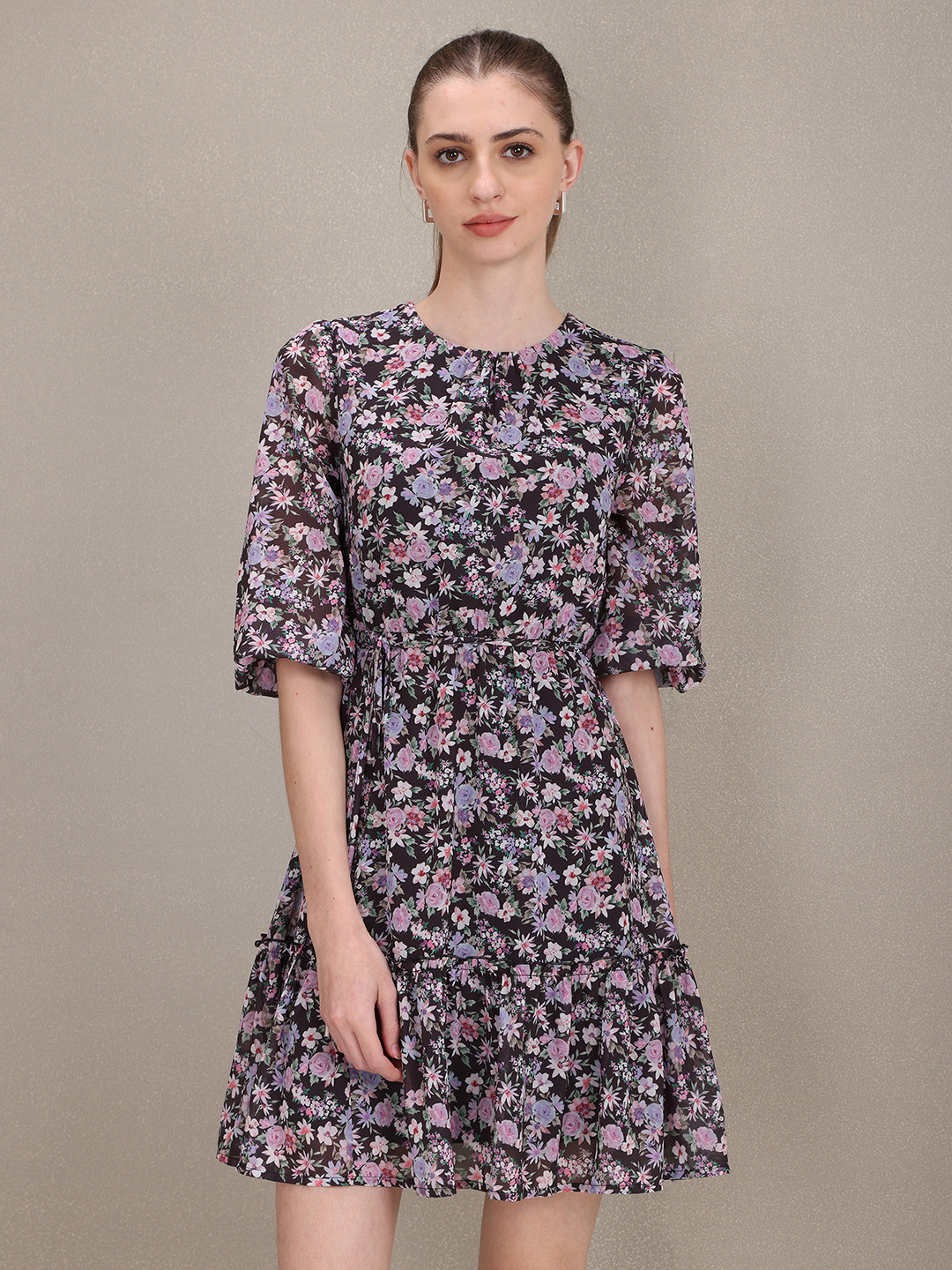 

U S Polo Assn Women Black & Pink Floral Printed Georgette Mini Dress
