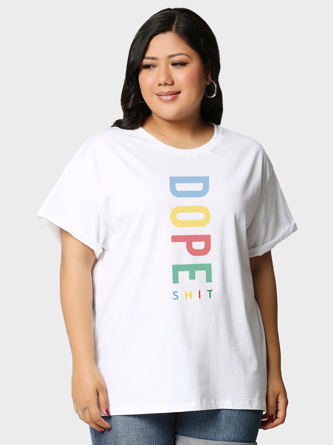 

Bewakoof Women Plus Size White Typography Printed Cotton Drop-Shoulder Sleeves T-shirt