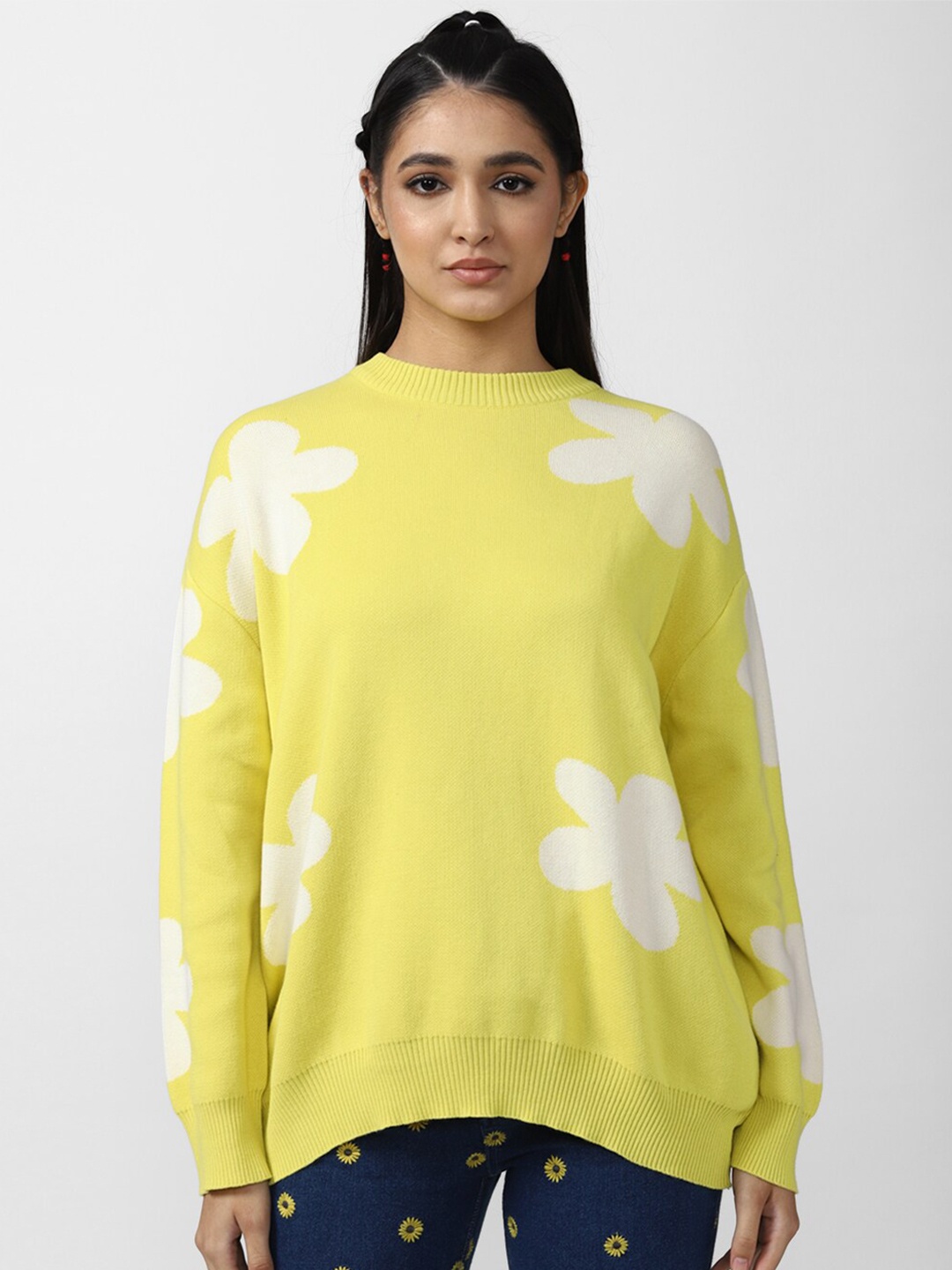 

FOREVER 21 Women Yellow & White Floral Printed Pullover