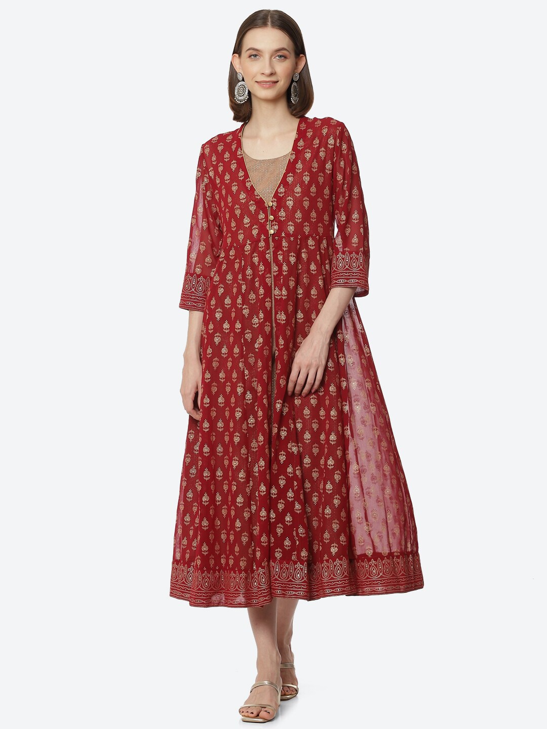 

Rangriti Women Red & Gold-Toned Ethnic Motifs A-Line Georgette Midi Dress