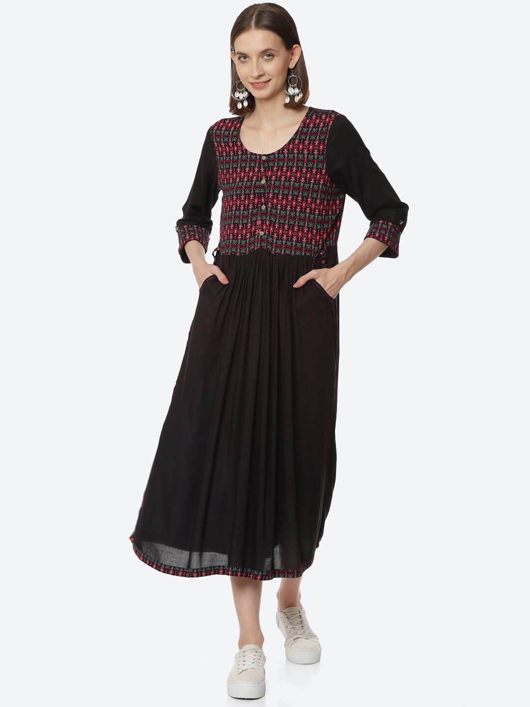 

Rangriti Black & Red Printed A-Line Midi Dress