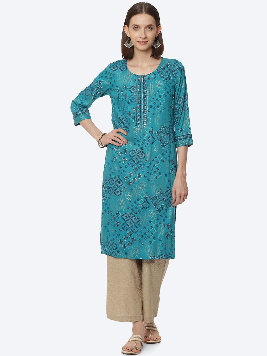 

Rangriti Women Blue Printed Keyhole Neck Straight Kurta