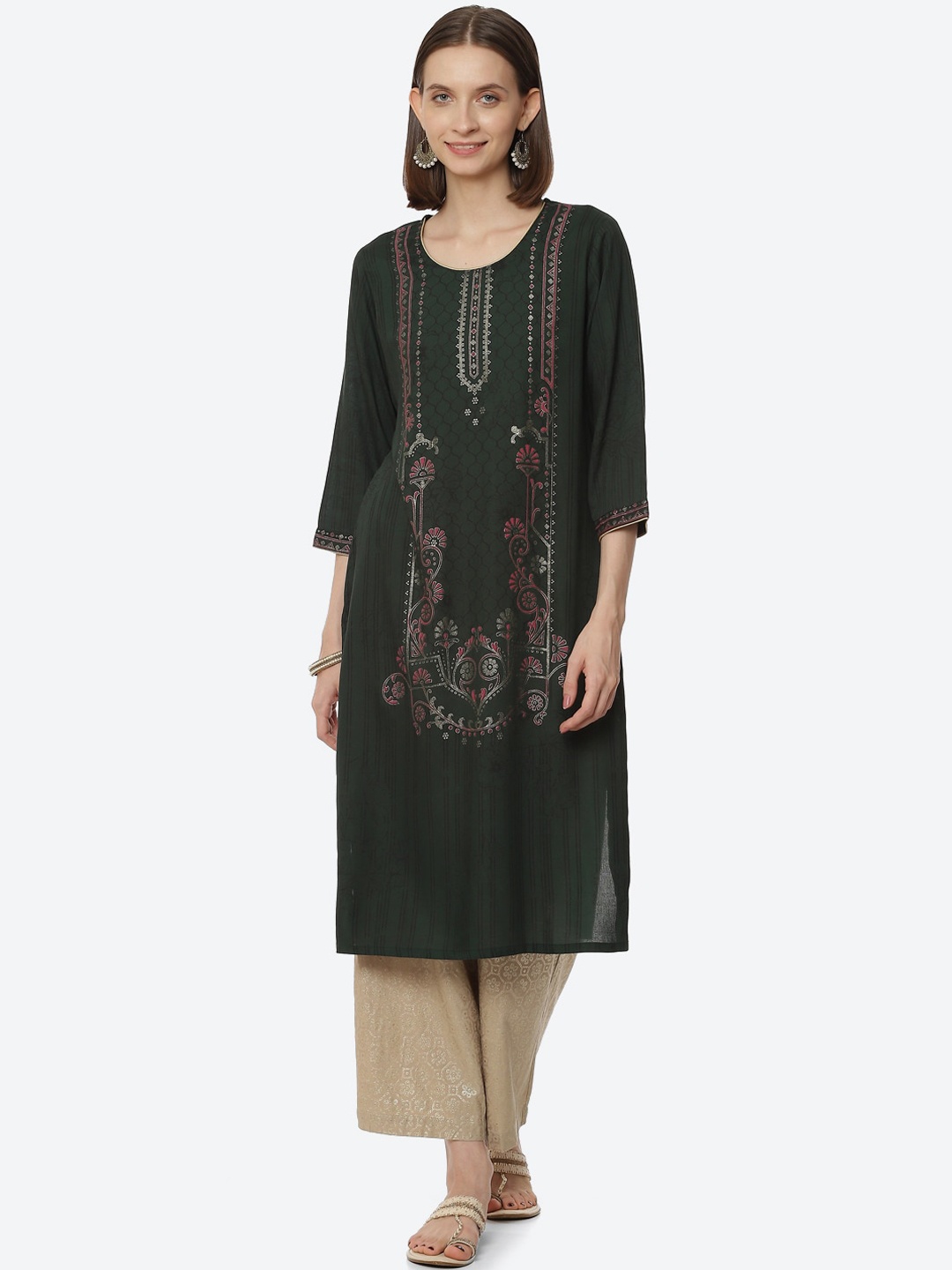 Rangriti Women Olive Green Printed Straight Kurta