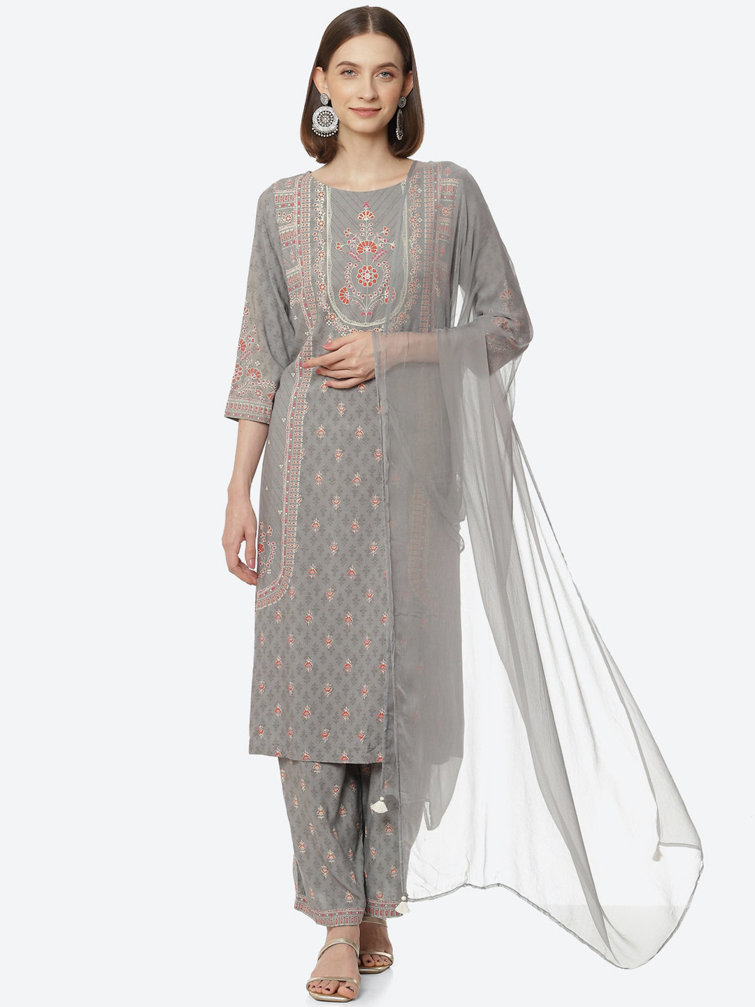 

Rangriti Women Printed Straight Kurta with Palazzos & With Solid Dupatta, Grey