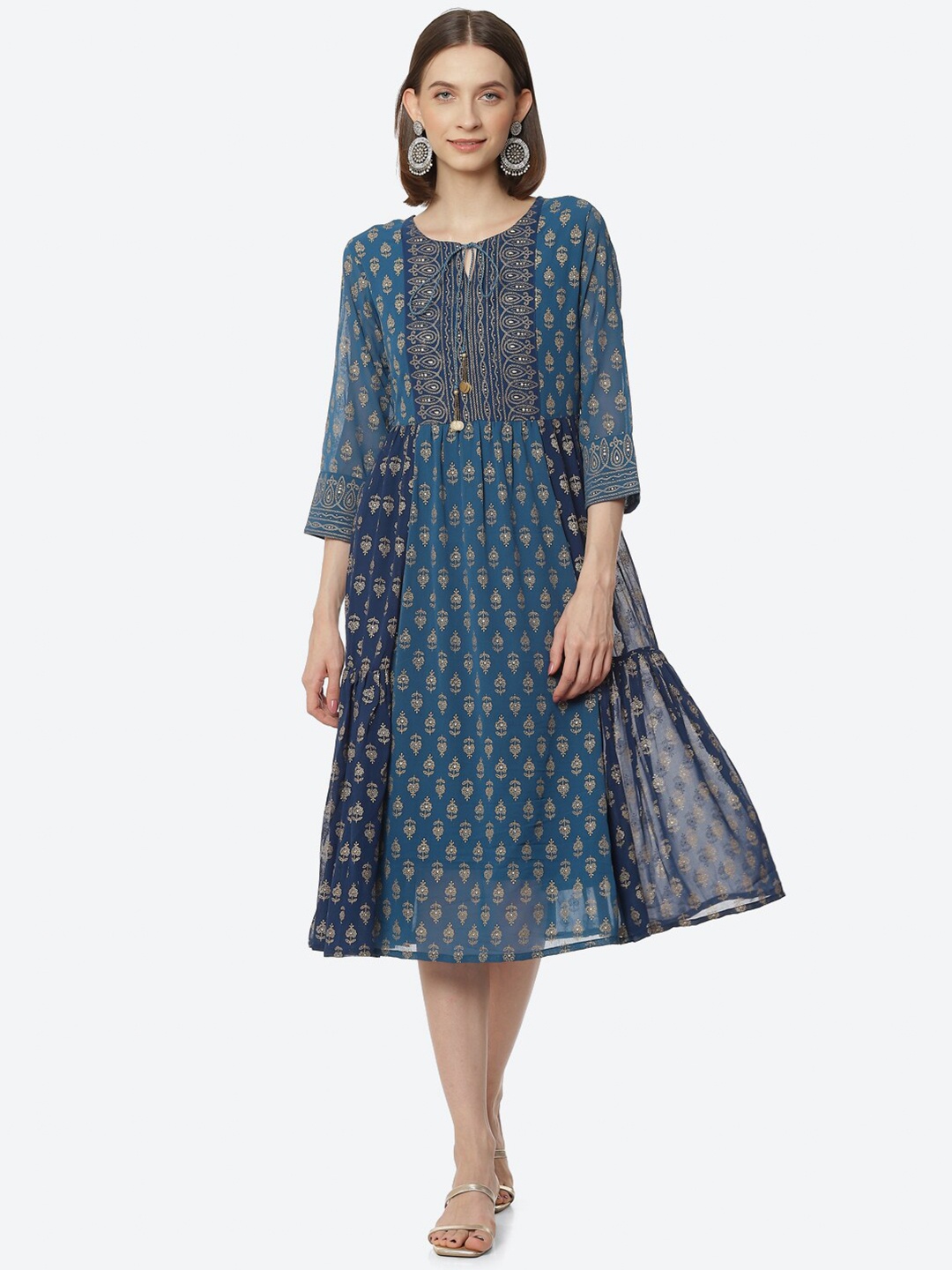 

Rangriti Women Blue Ethnic Motifs Tie-Up Neck Midi Dress