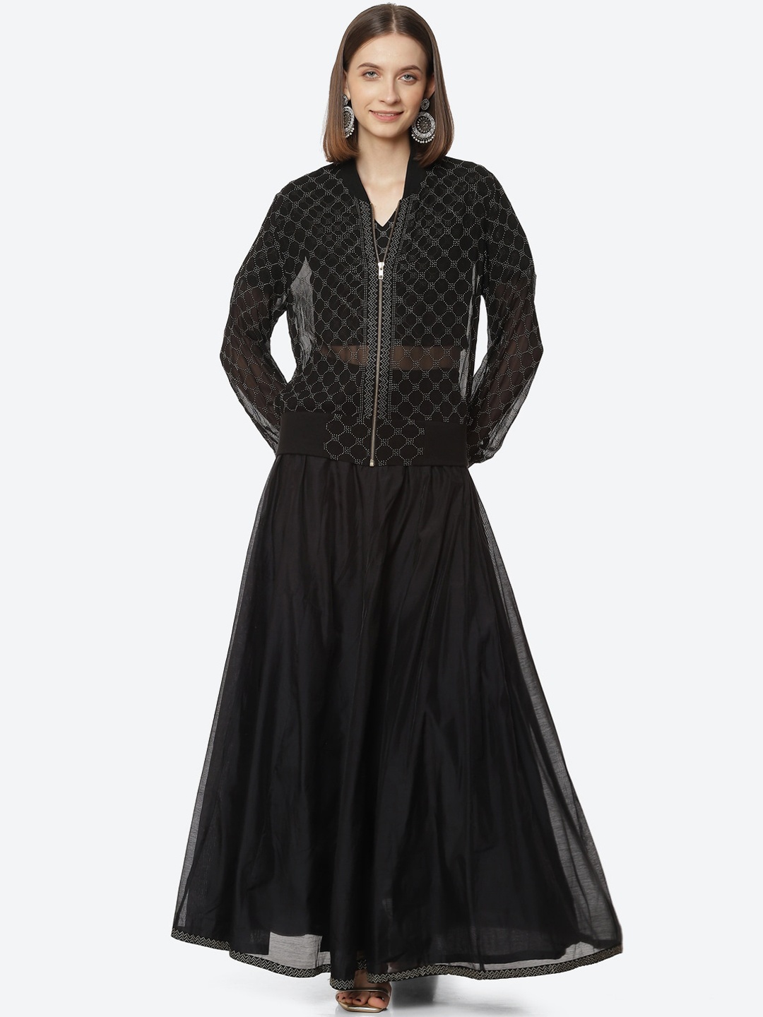 

Rangriti Women Black Printed Pleated Top with Skirt