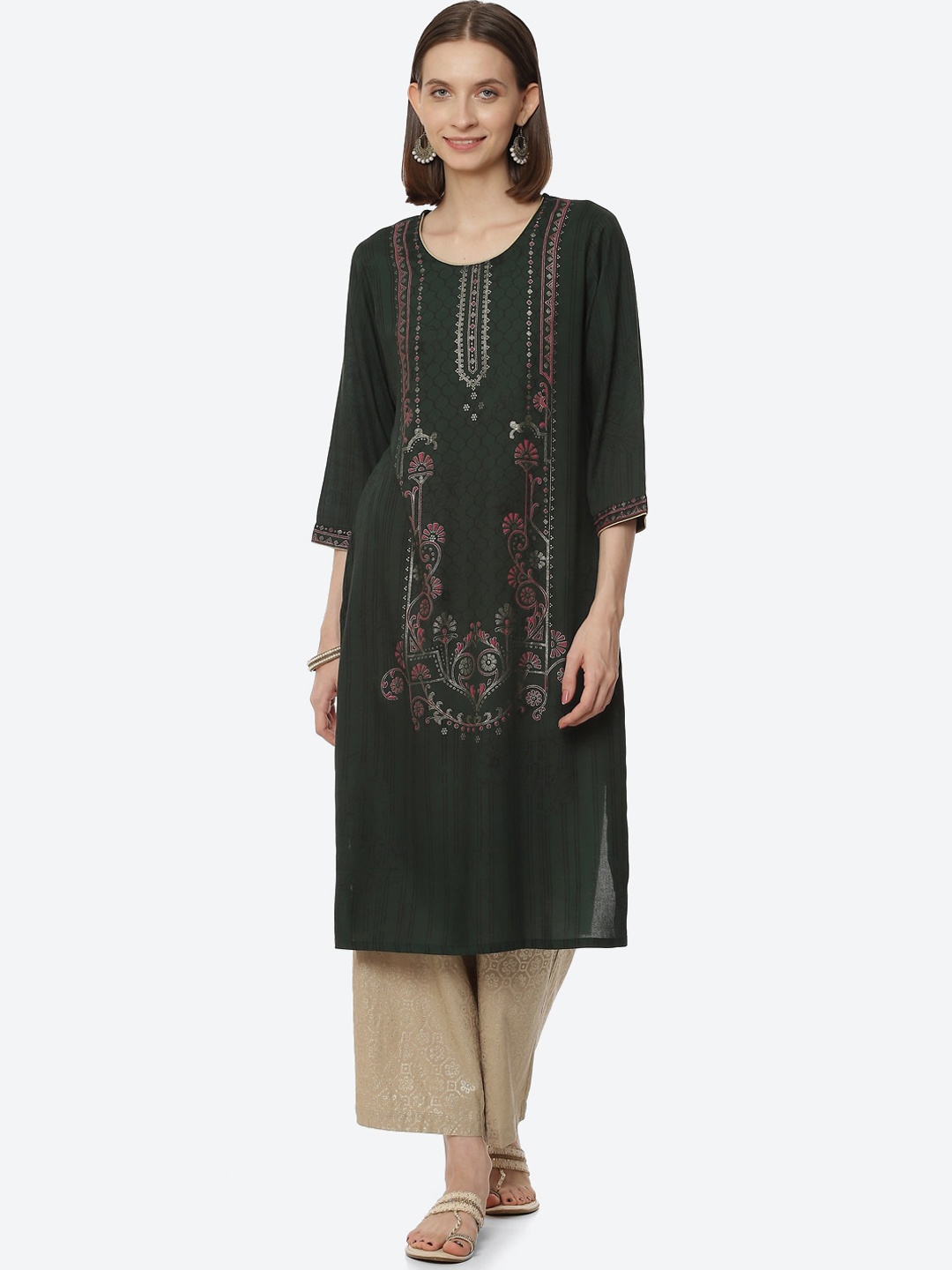 

Rangriti Women Olive Green Ethnic Motifs Printed Kurta