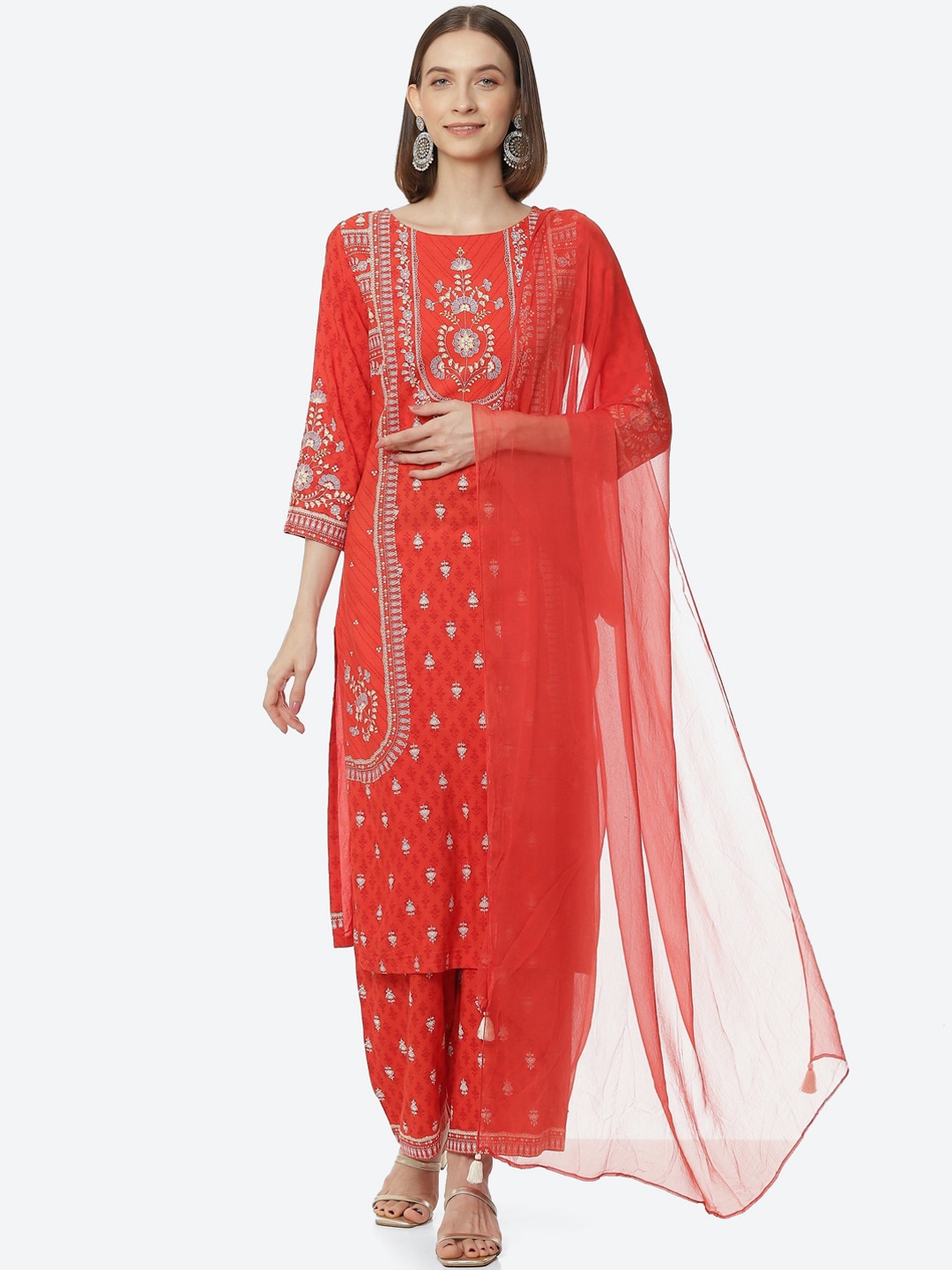 

Rangriti Women Plus Size Ethnic Motifs Printed Kurta with Palazzos & Dupatta, Orange