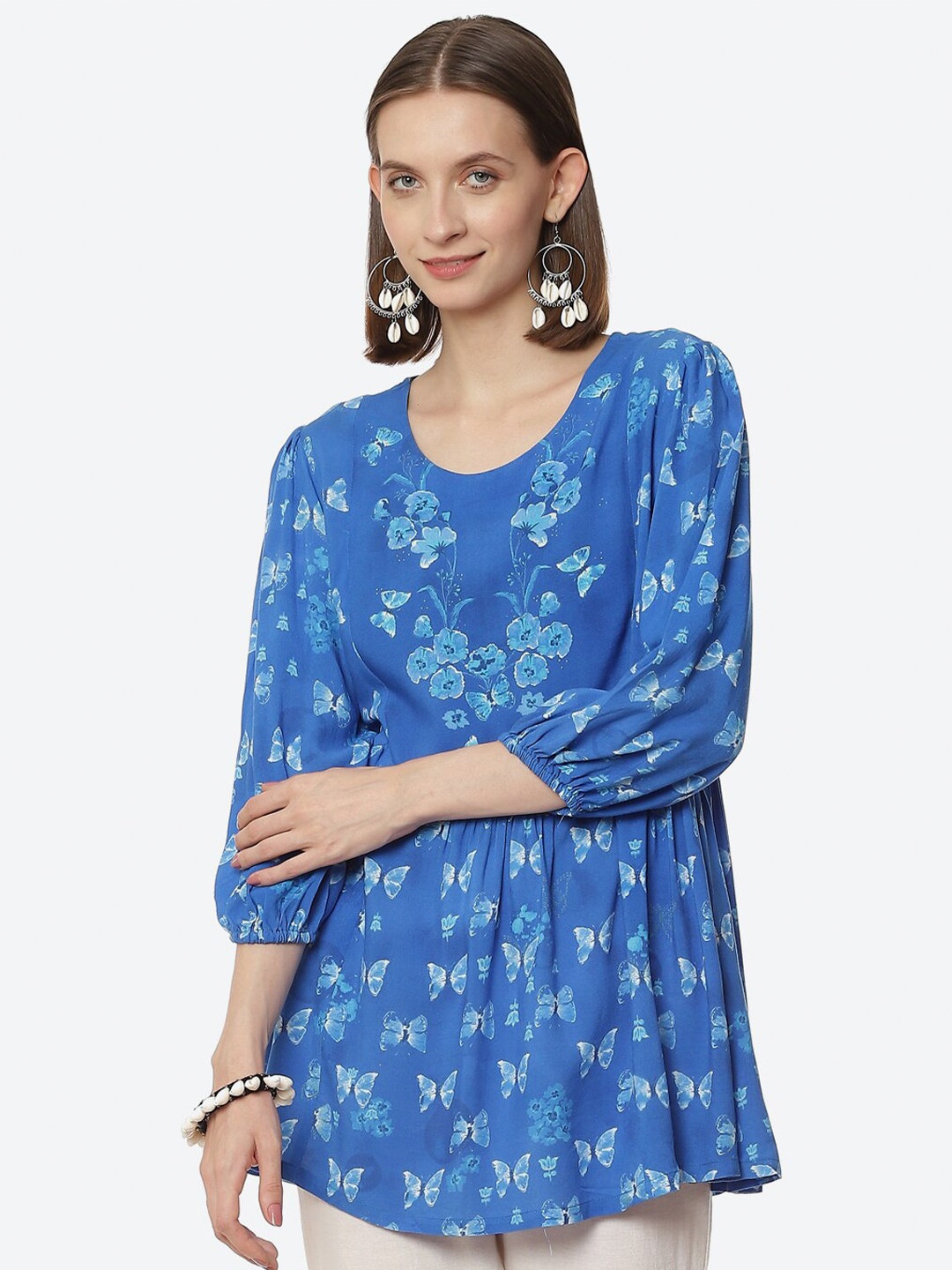 

Rangriti Blue Printed Longline Top