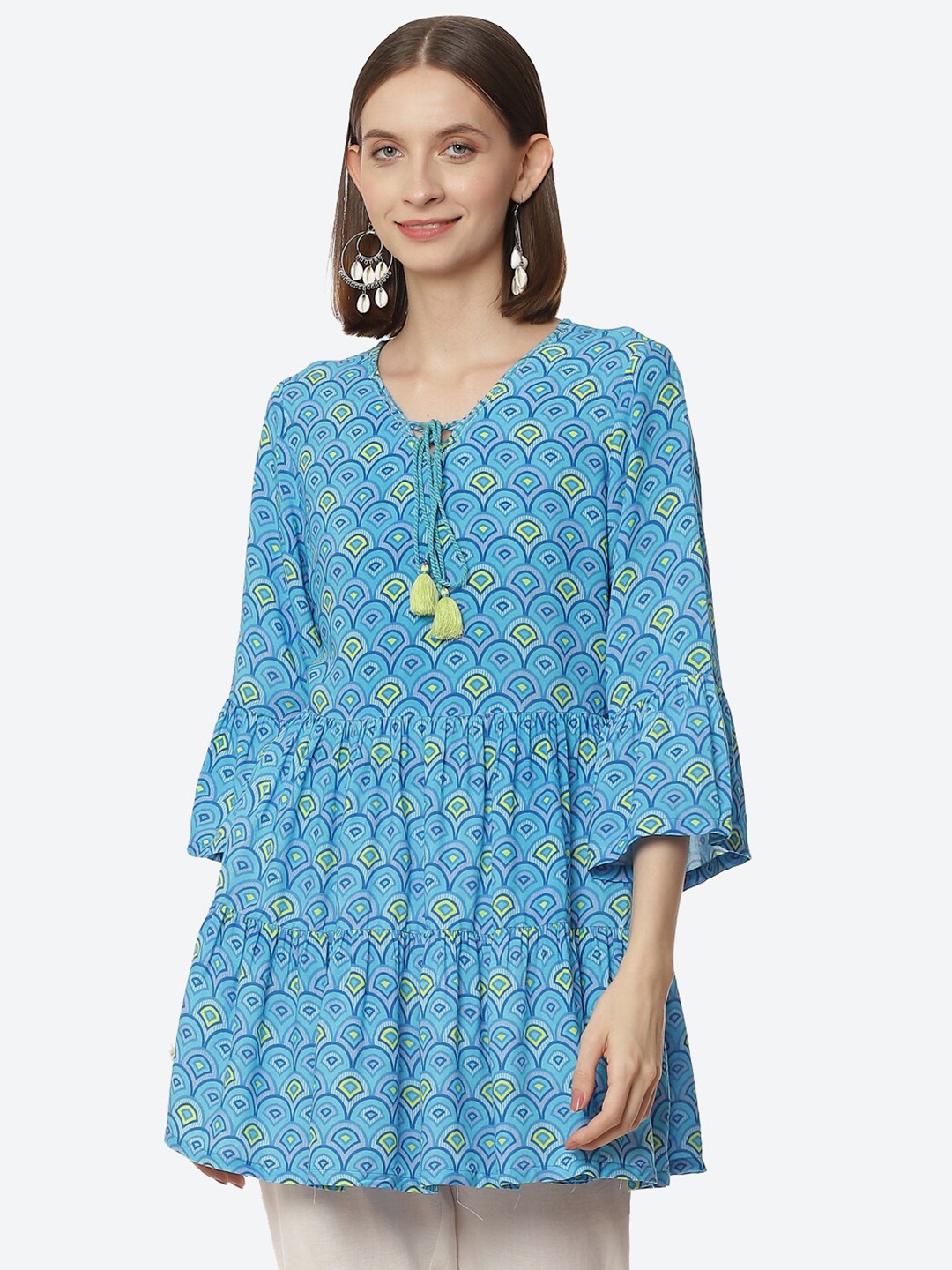 

Rangriti Blue Geometric Printed Tie-Up Neck Longline Top