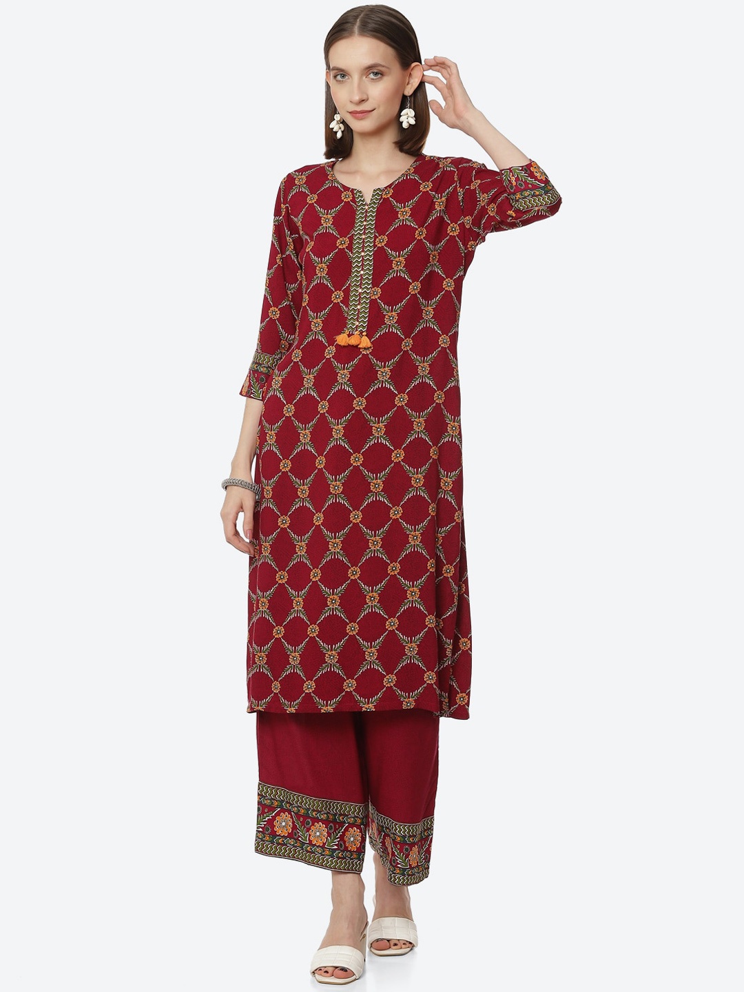 Rangriti Women Ethnic Motifs Printed Kurta with Palazzos, Maroon