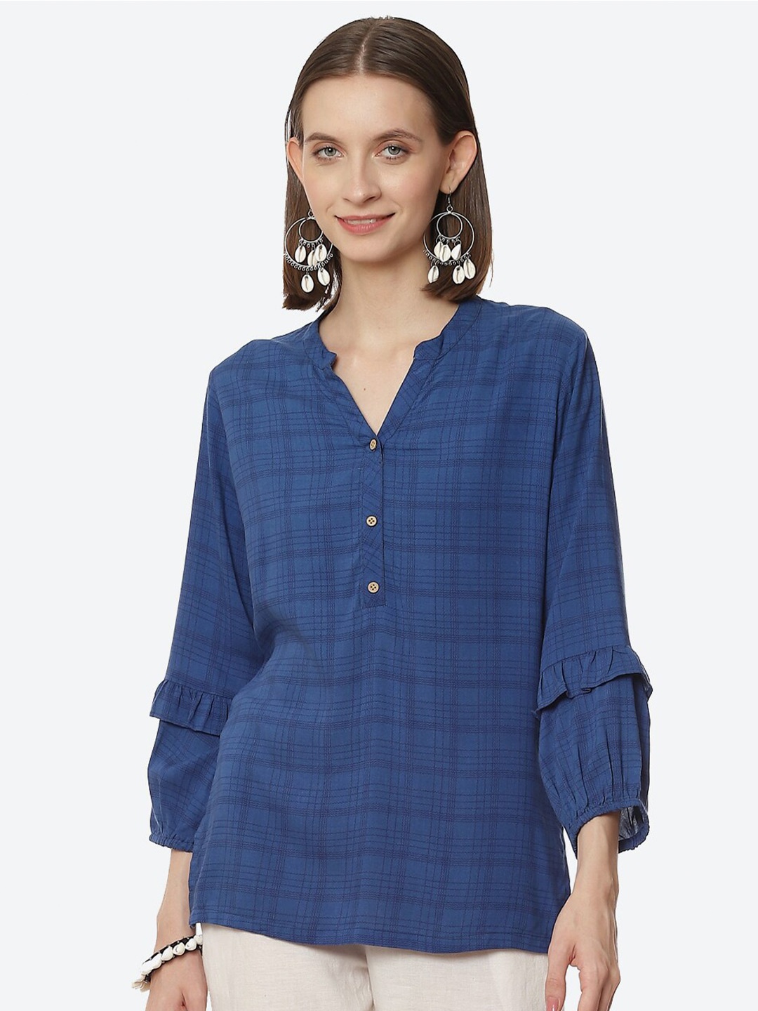 

Rangriti Blue Checked Mandarin Collar Top