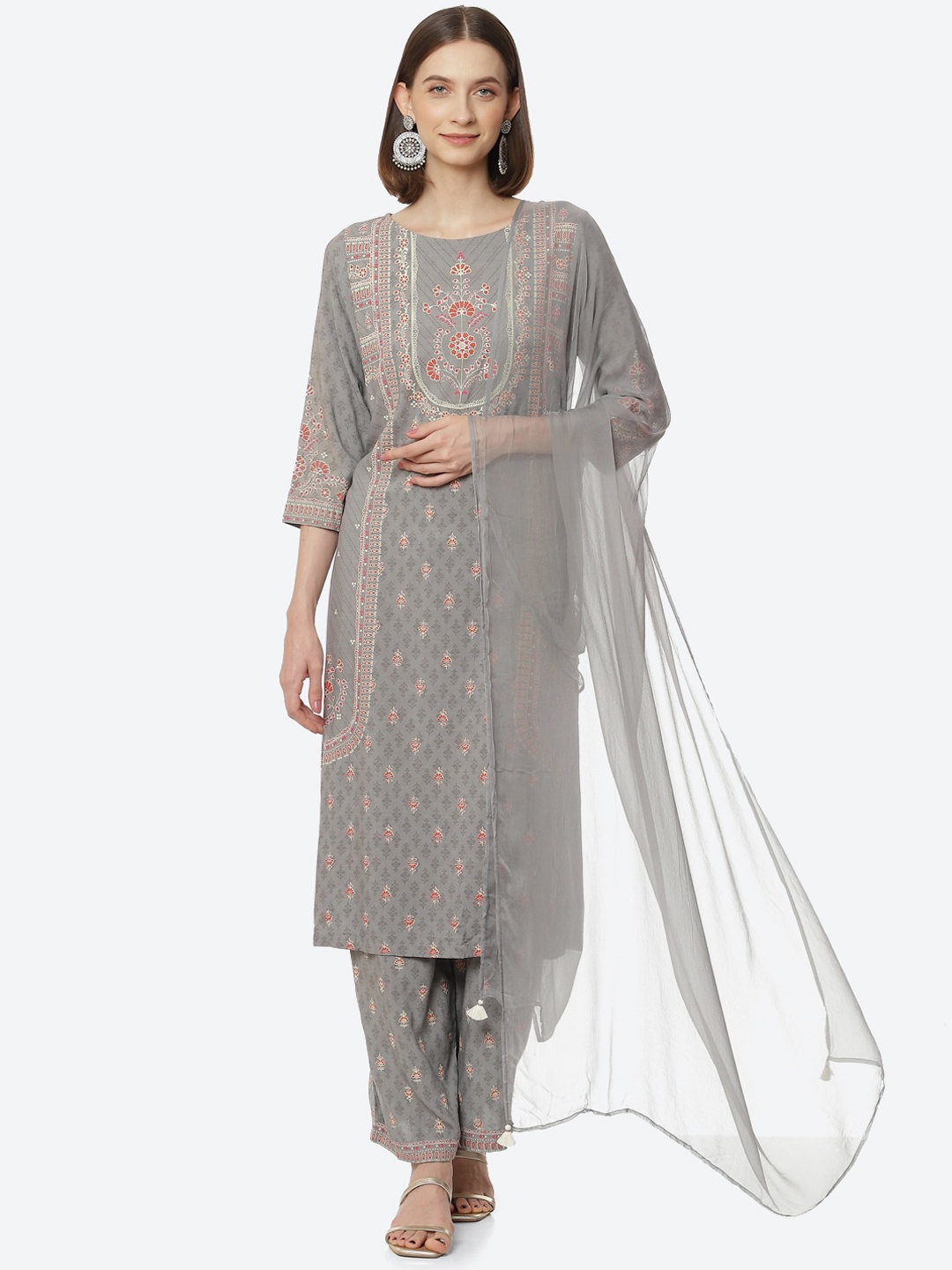 

Rangriti Women Ethnic Motifs Printed Kurta & Palazzos With Dupatta, Grey