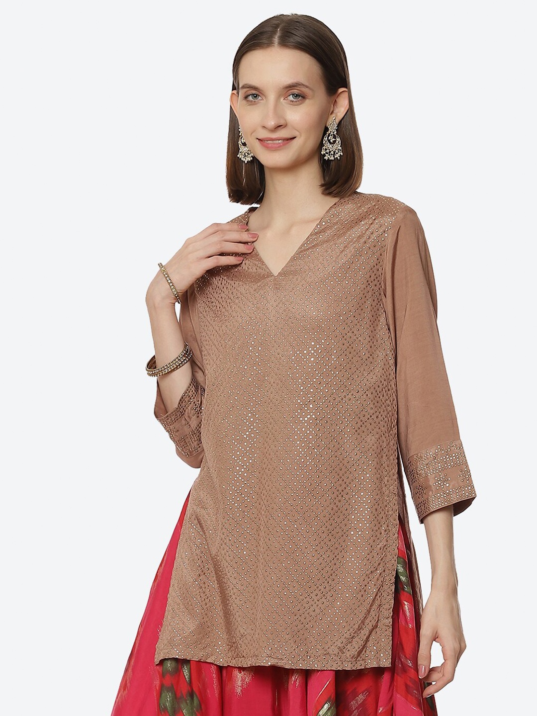

Rangriti Beige Embellished V-Neck Kurti