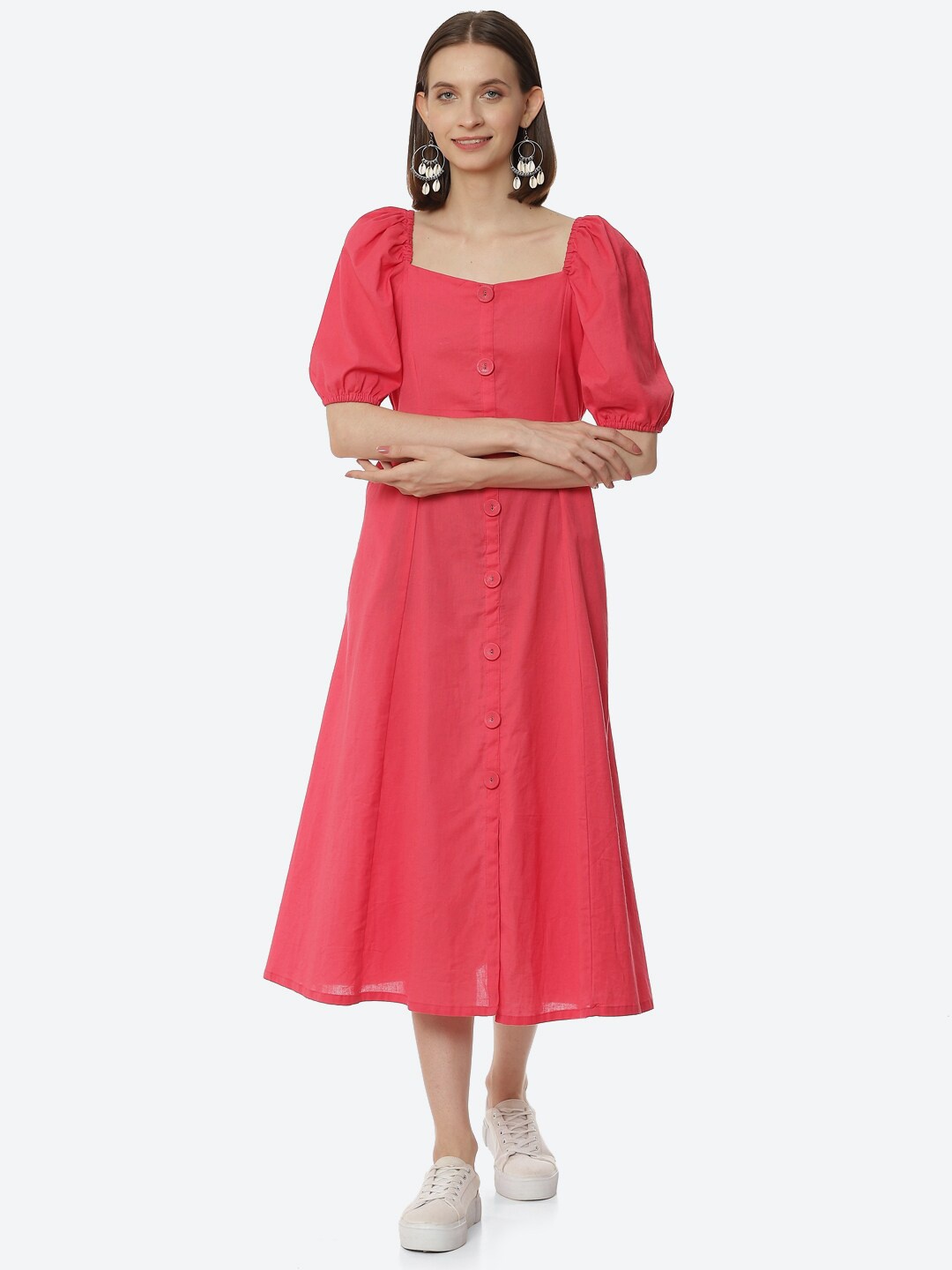 

Rangriti Women Coral Puff Sleeves Midi Dress