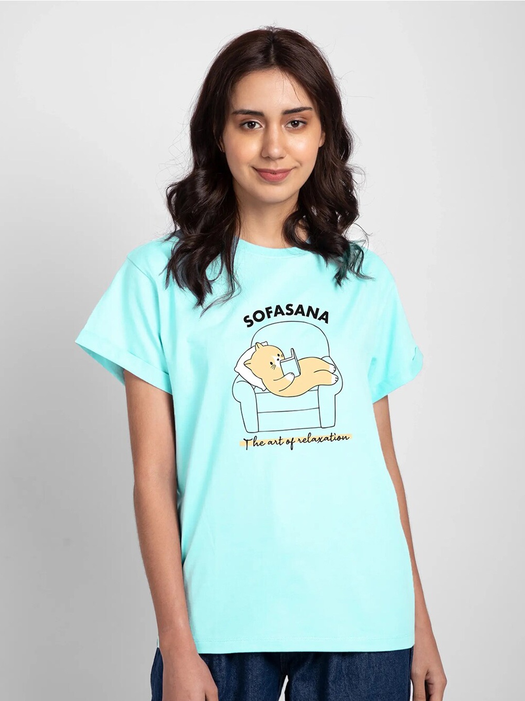 Bewakoof Women Blue Printed Cotton T-shirt