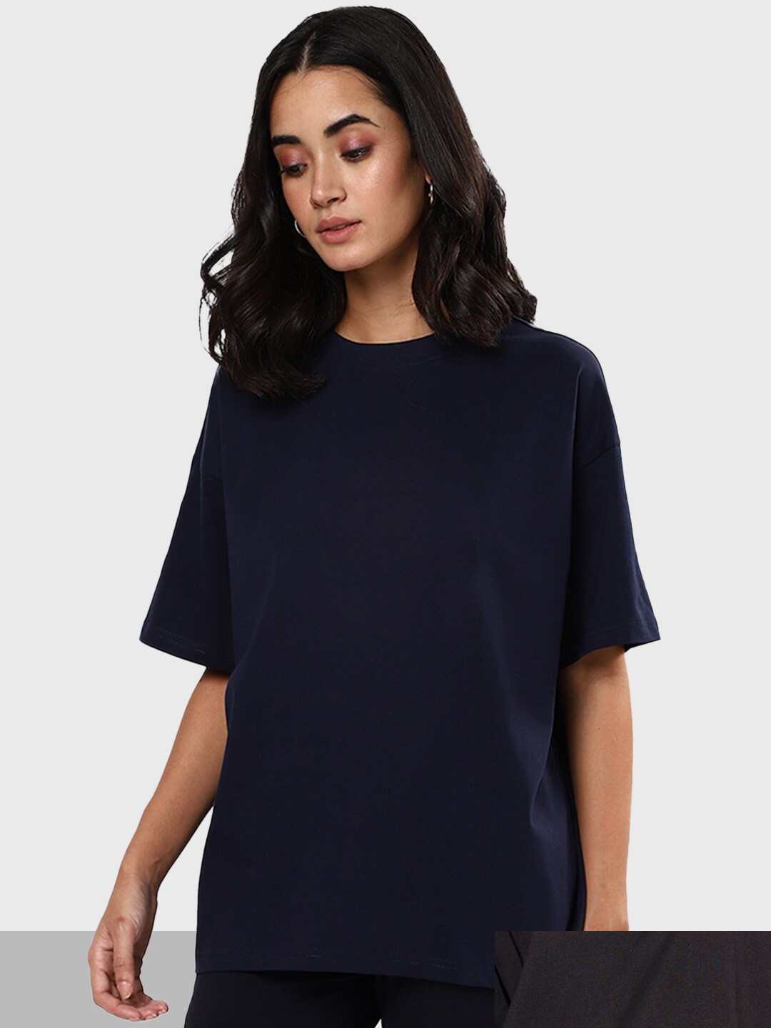 

Bewakoof Women Black & Blue Pack Of 2 Drop-Shoulder Sleeves Loose Cotton T-shirt