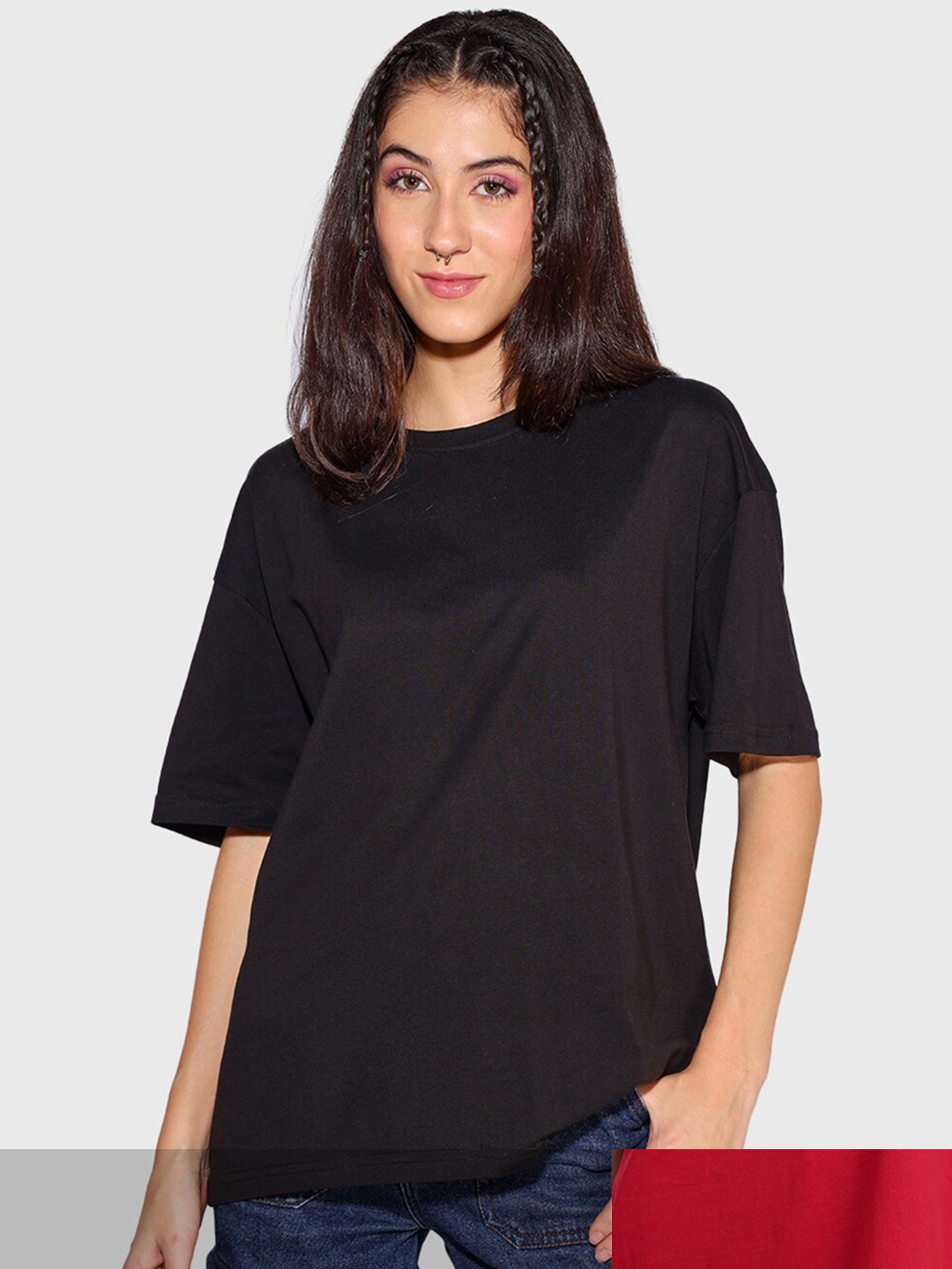 

Bewakoof Women Black & Red Pack Of 2 Drop-Shoulder Sleeves Loose Cotton T-shirt