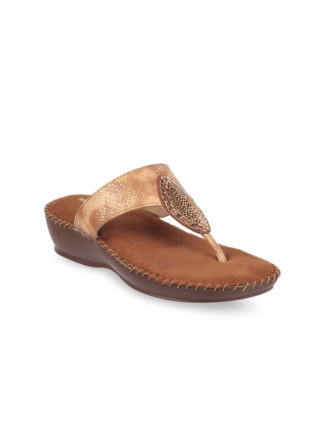 

WALKWAY by Metro Women Embellished Ethnic T-Strap Flats, Brown