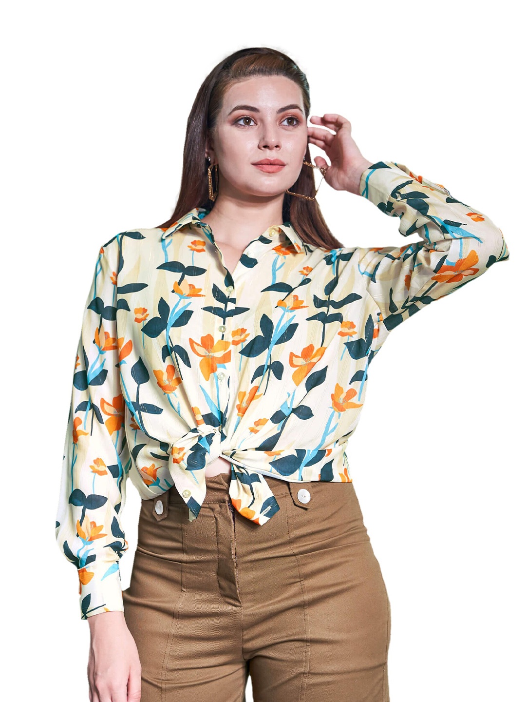 

NEOFAA Women Floral Lurex Casual Shirt, Green