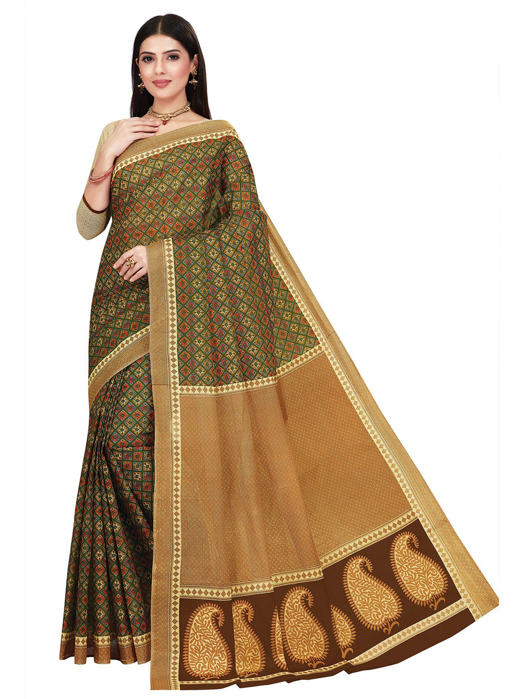 

SALWAR STUDIO Brown & Green Paisley Pure Cotton Saree