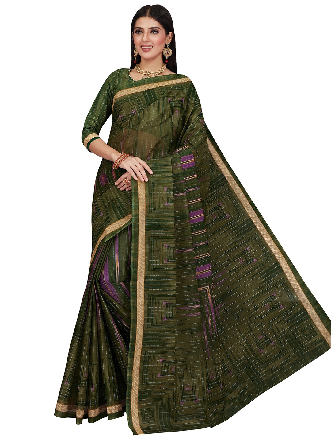 

SALWAR STUDIO Green & Purple Pure Cotton Block Print Saree