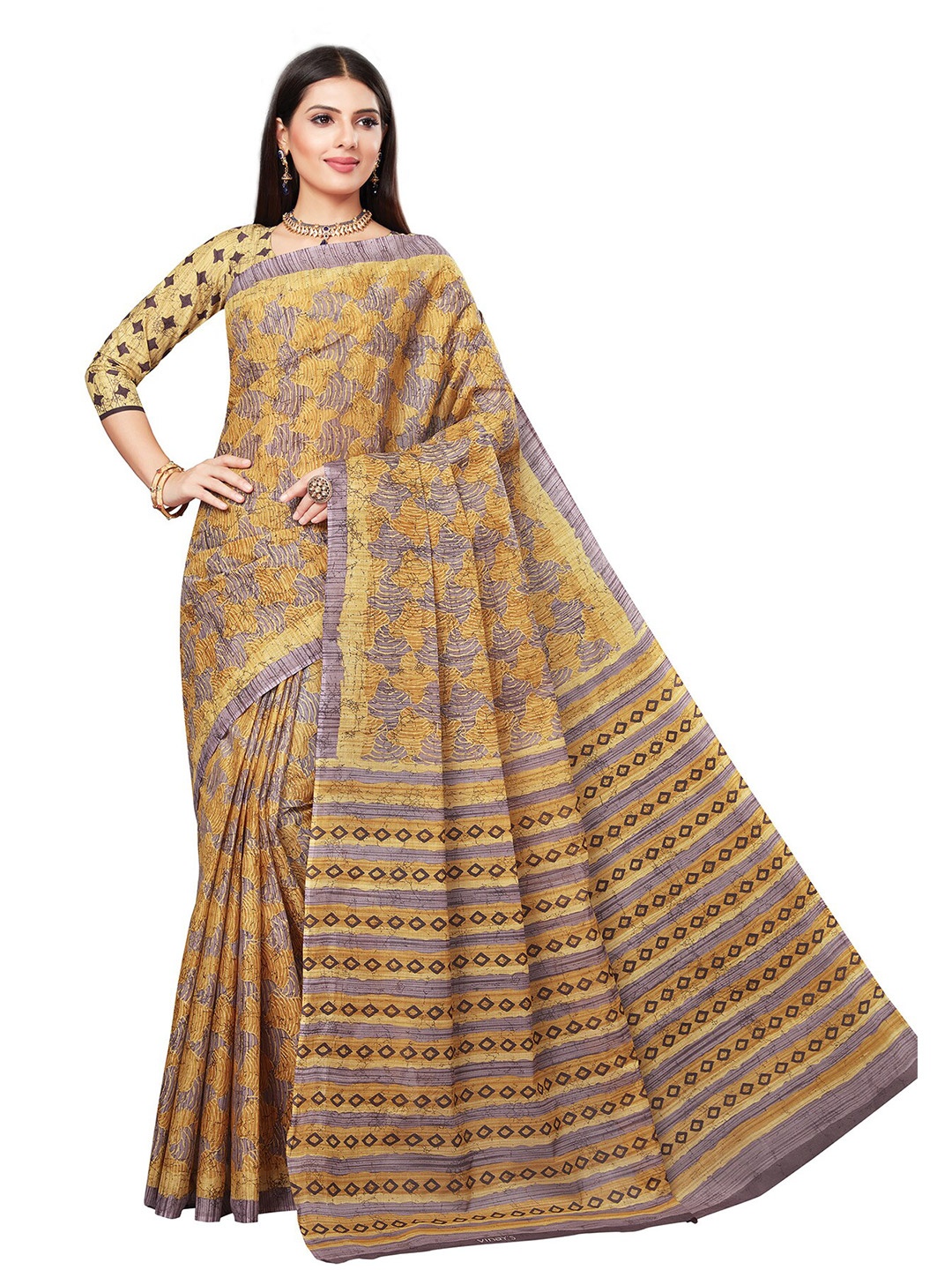 

SALWAR STUDIO Yellow & Grey Pure Cotton Block Print Saree