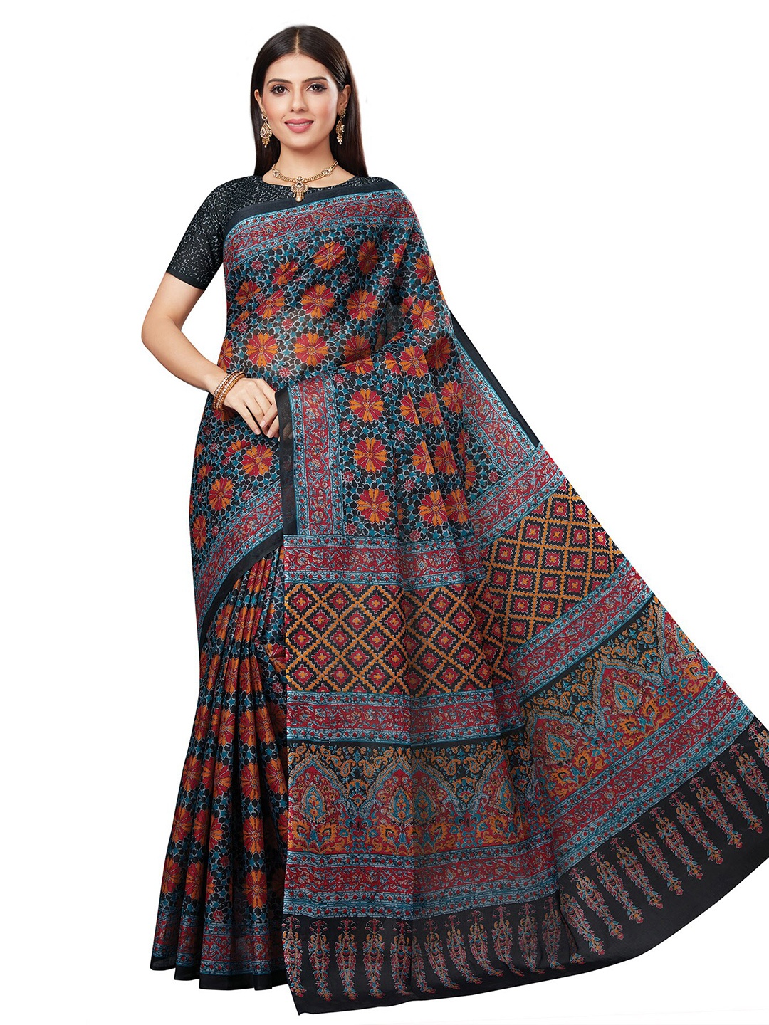 

SALWAR STUDIO Black & Blue Ethnic Motifs Pure Cotton Block Print Saree