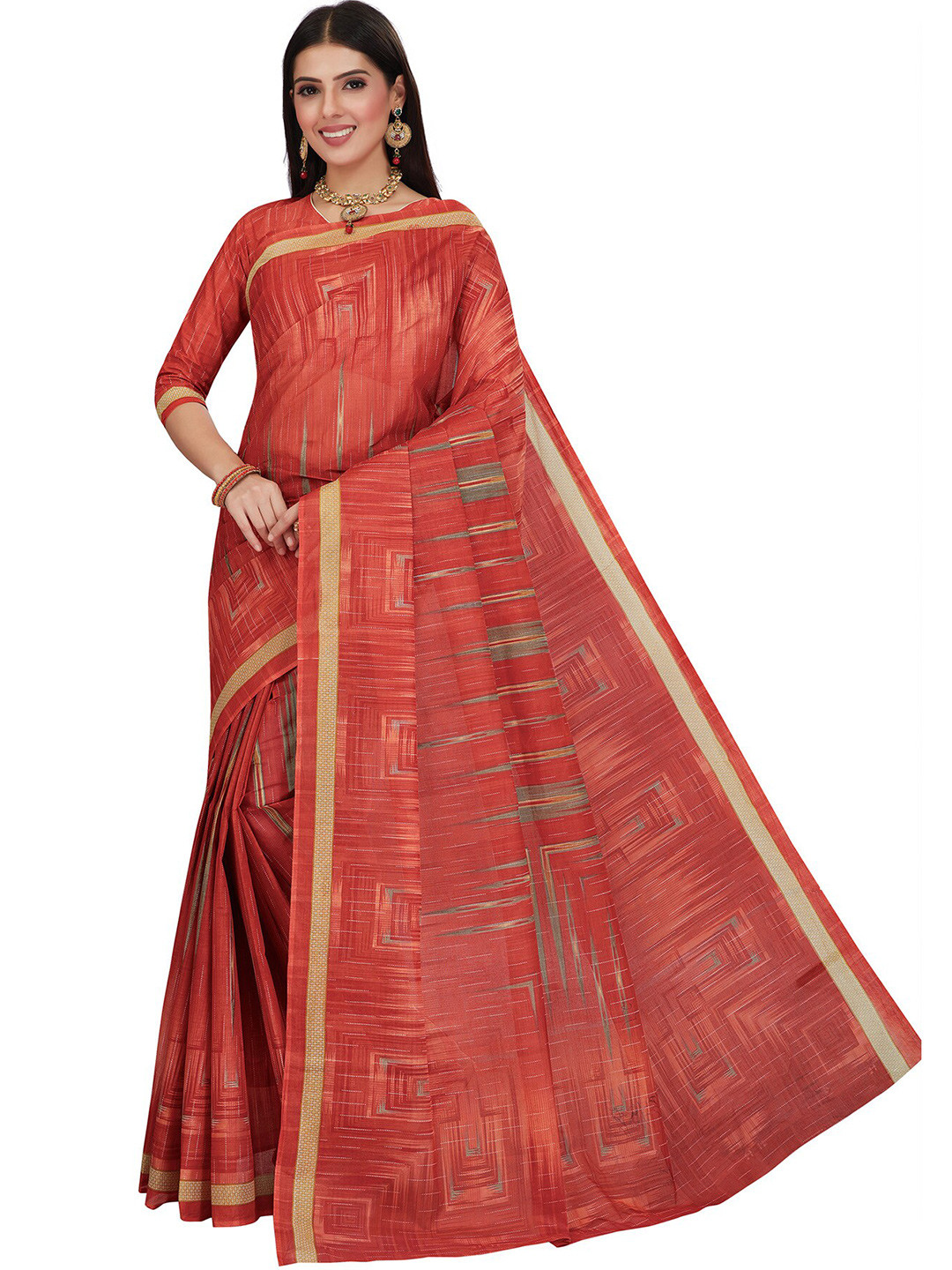 

SALWAR STUDIO Red Pure Cotton Block Print Saree