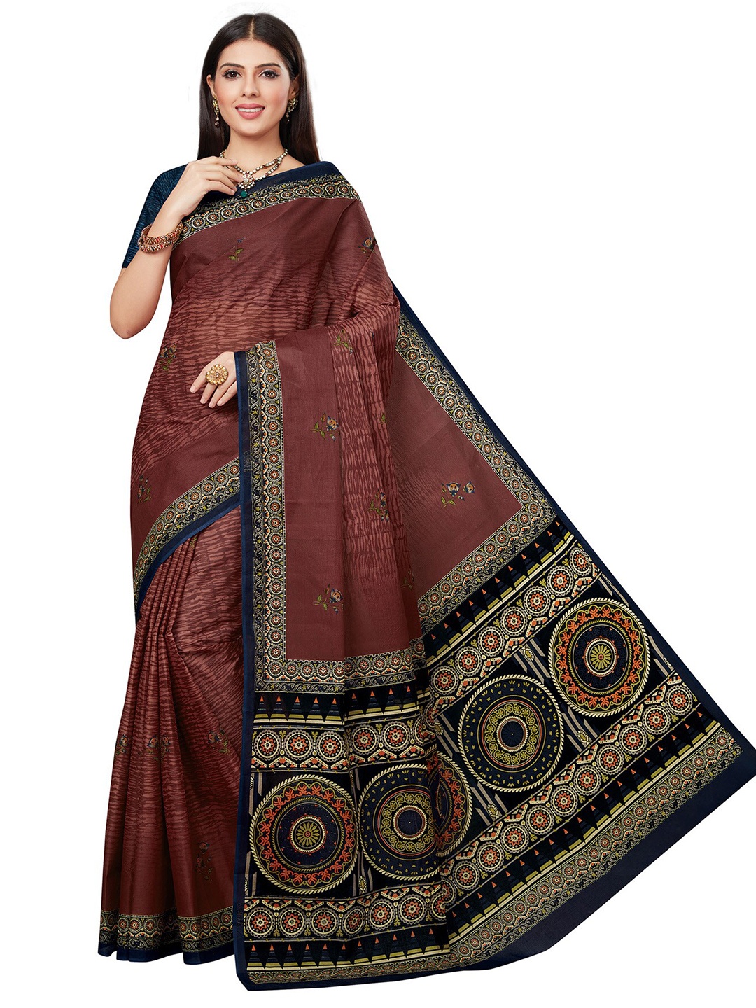 

SALWAR STUDIO Brown & Blue Printed Pure Cotton Saree