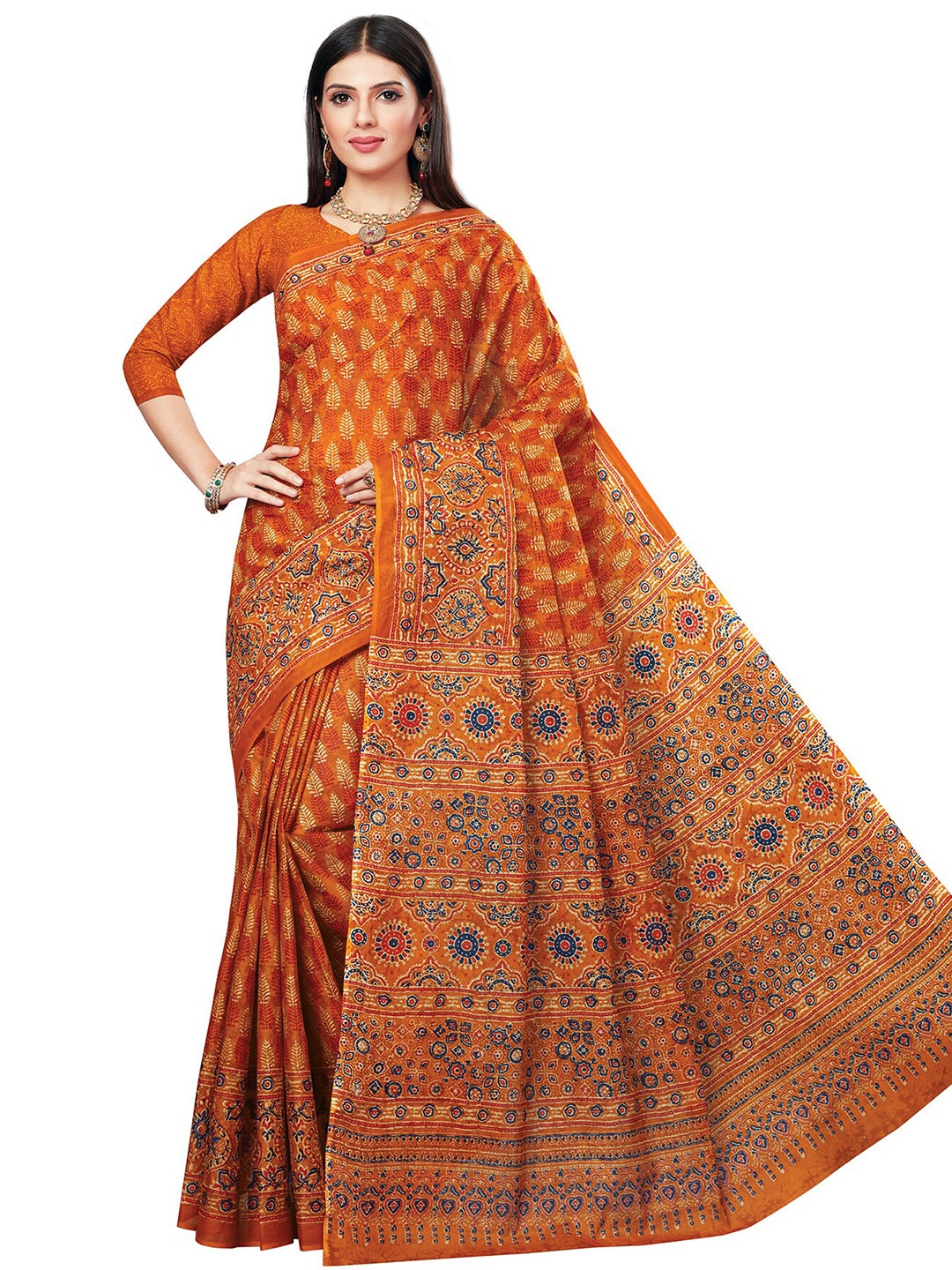 

SALWAR STUDIO Orange & Blue Ethnic Motifs Printed Pure Cotton Saree