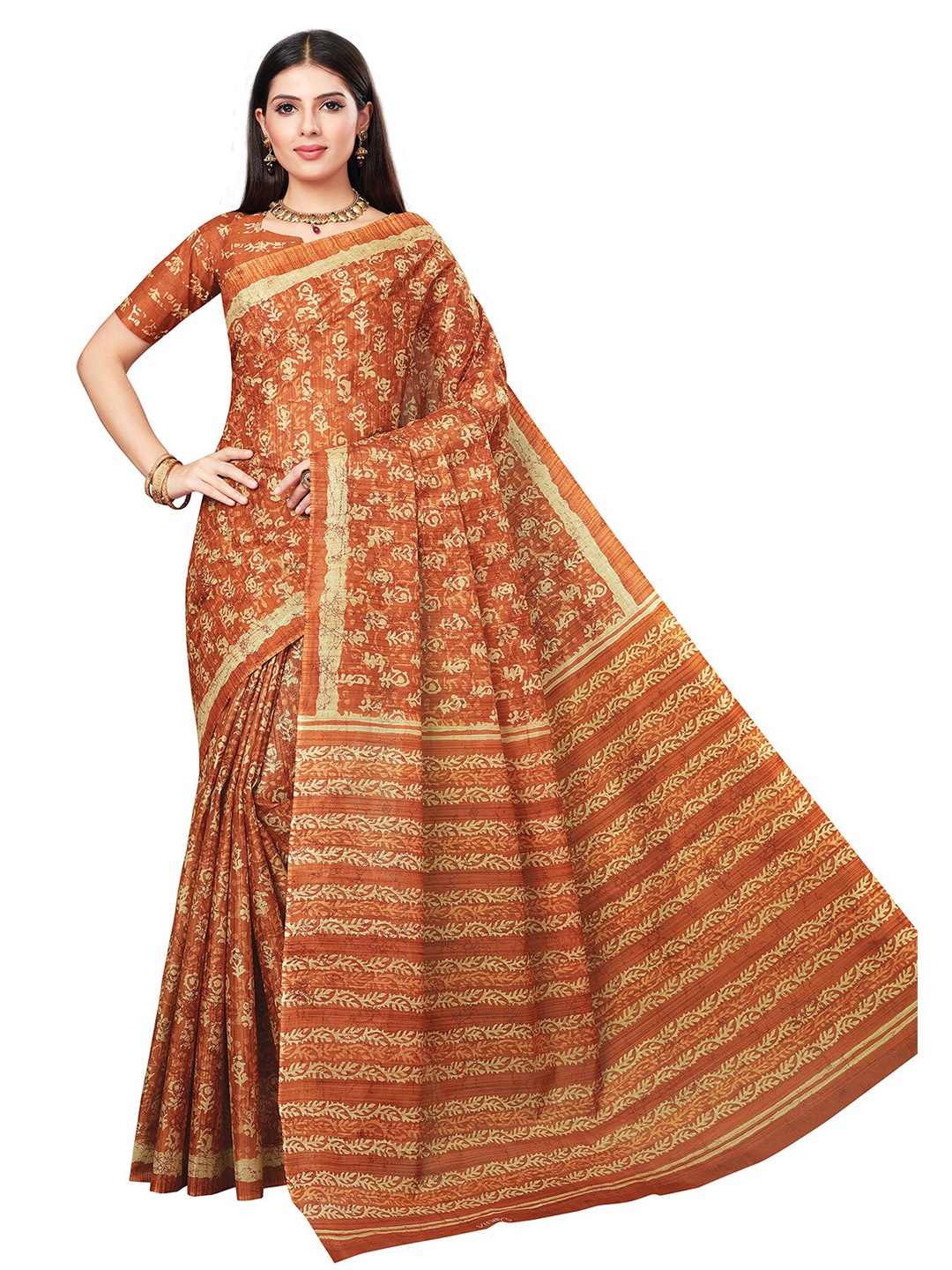 

SALWAR STUDIO Orange & Cream-Coloured Printed Pure Cotton Saree