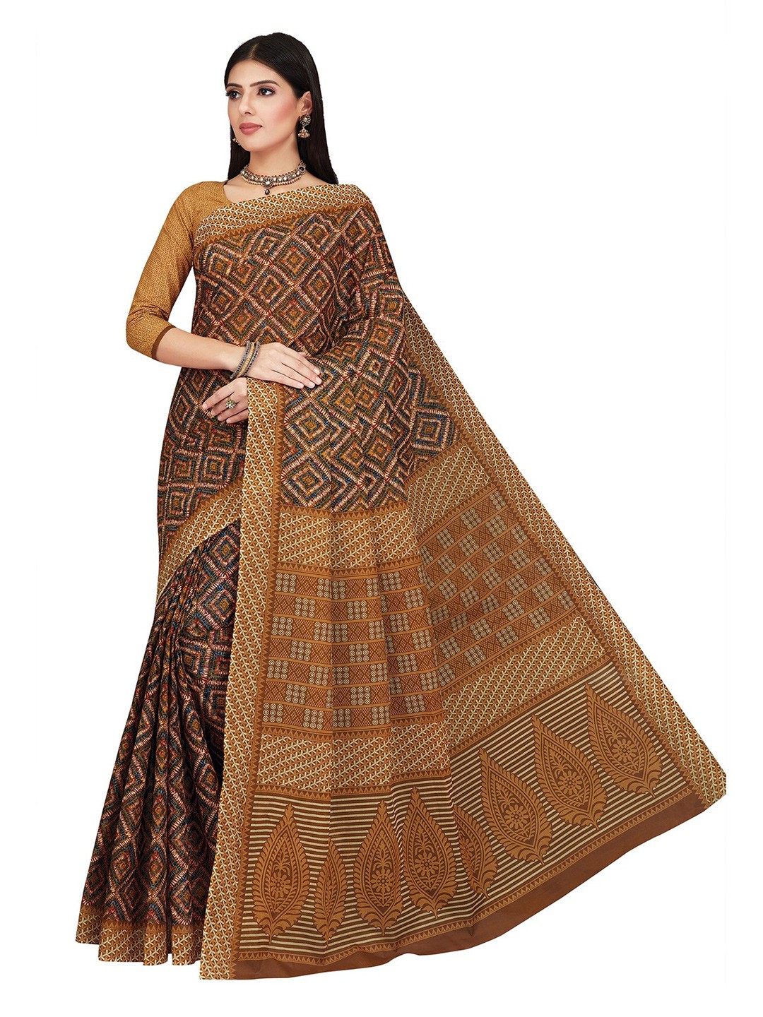 

SALWAR STUDIO Brown & White Ethnic Motifs Printed Pure Cotton Saree