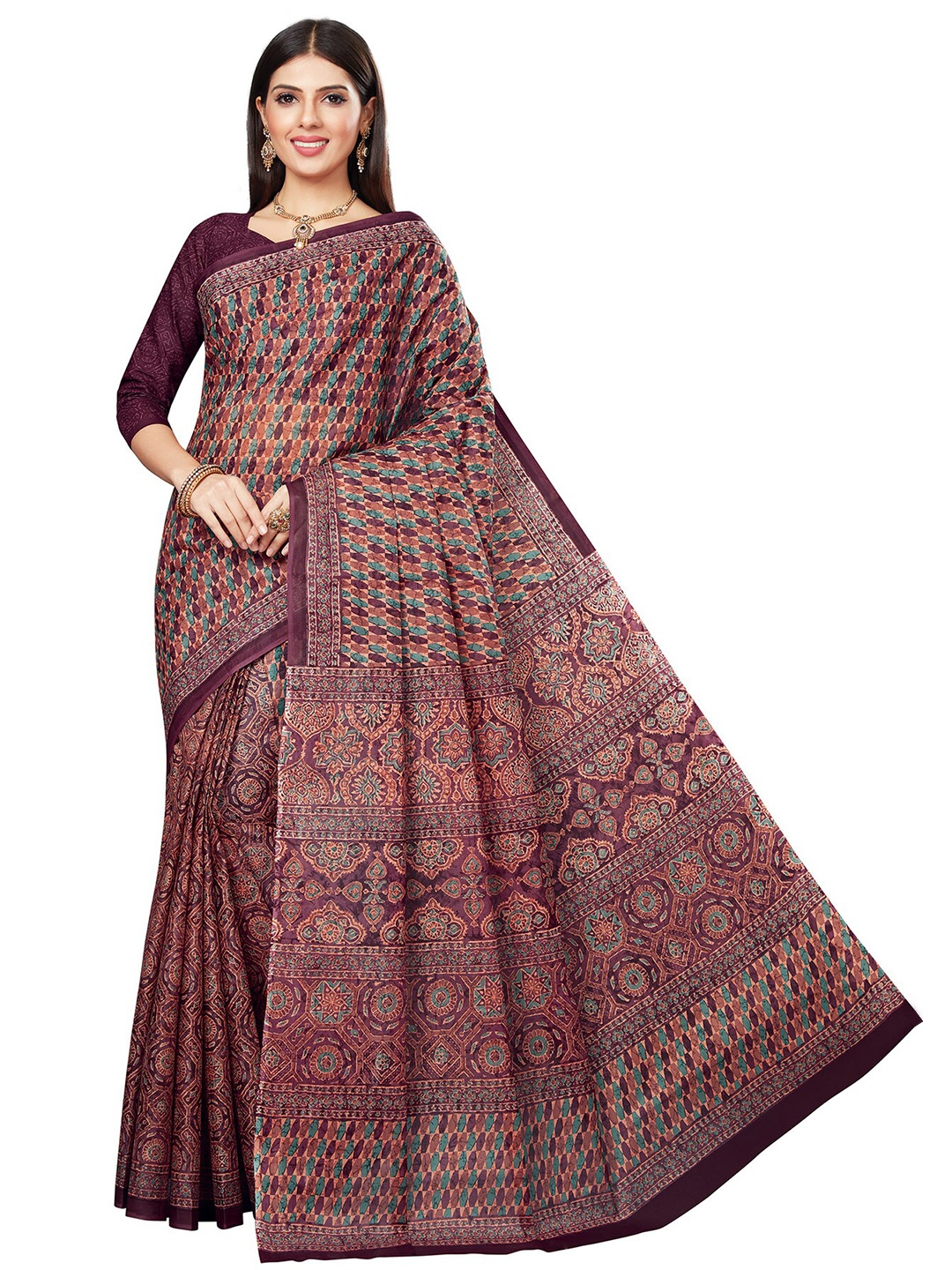

SALWAR STUDIO Coffee Brown & Purple Printed Pure Cotton Saree