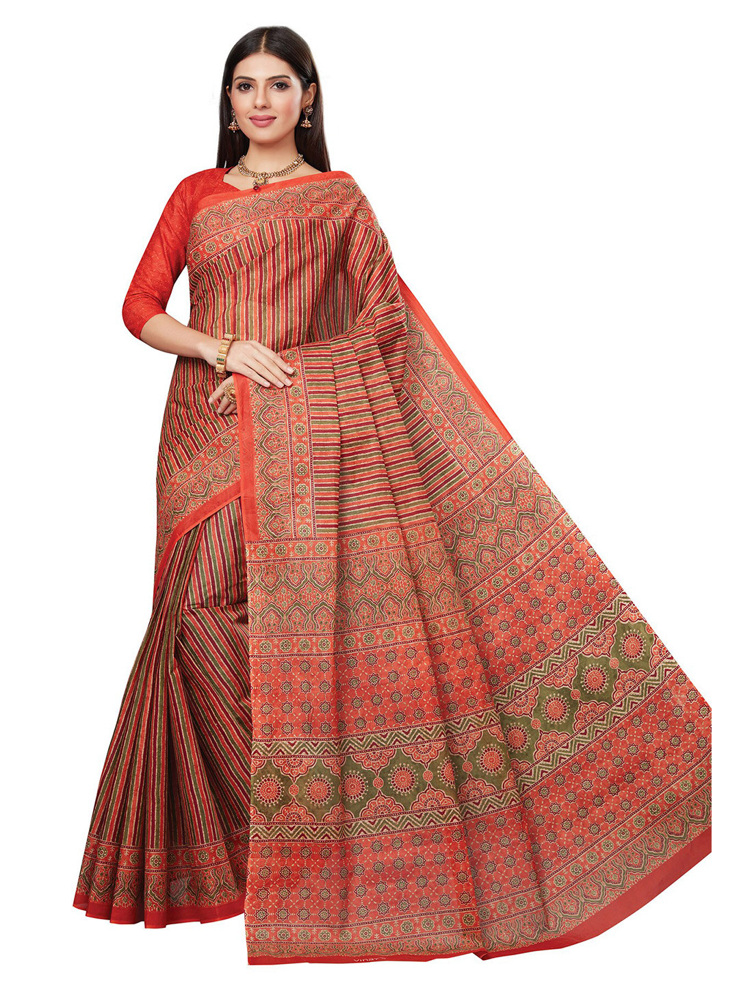 

SALWAR STUDIO Orange & Green Ethnic Motifs Pure Cotton Saree