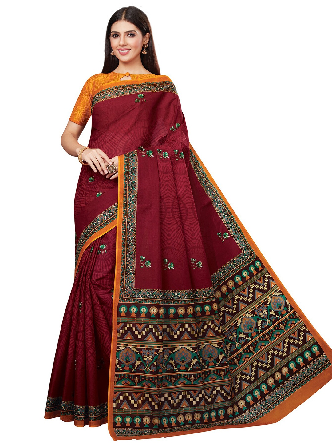 

SALWAR STUDIO Maroon & Green Floral Pure Cotton Saree