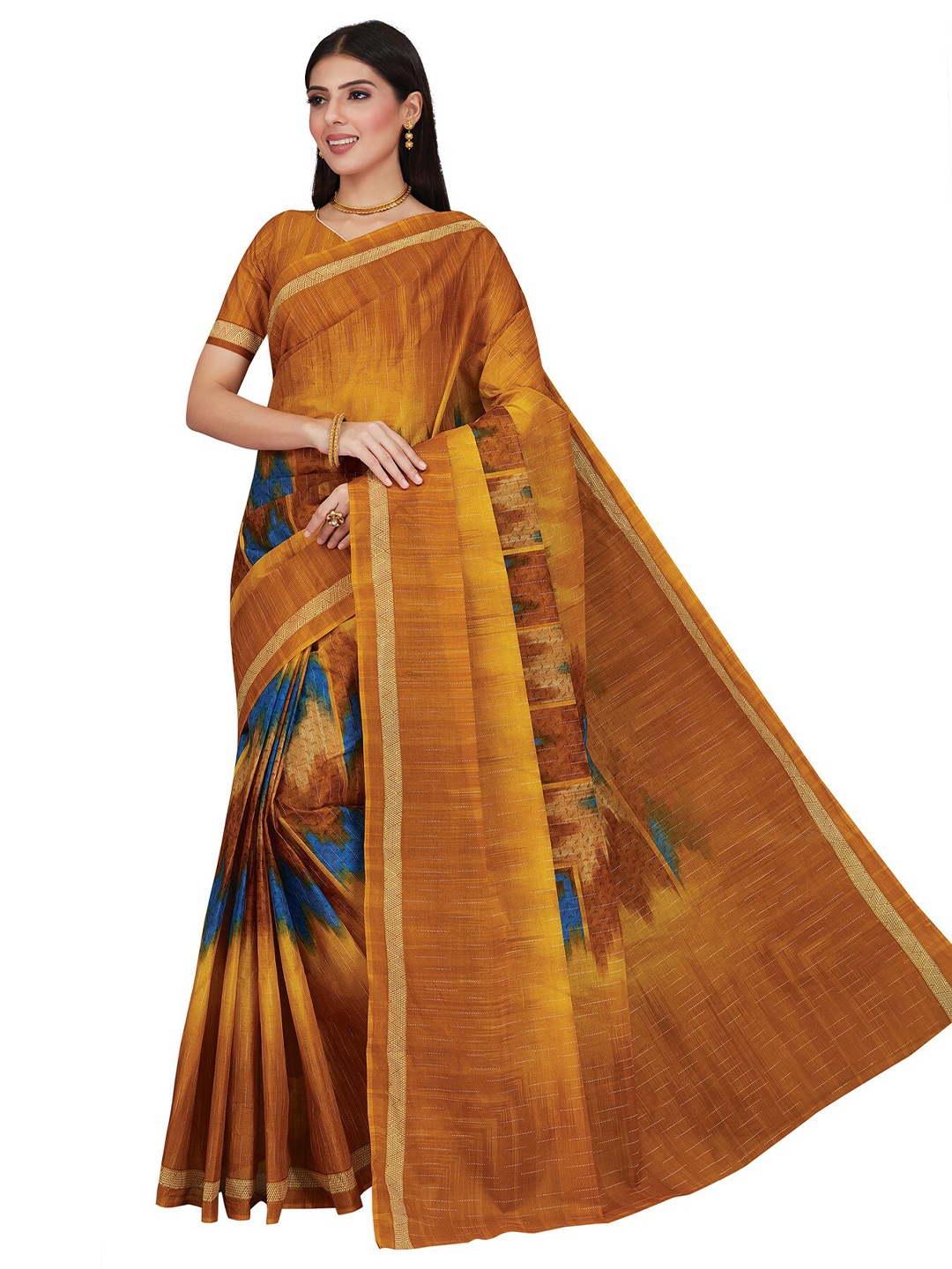 

SALWAR STUDIO Orange & Blue Printed Pure Cotton Saree