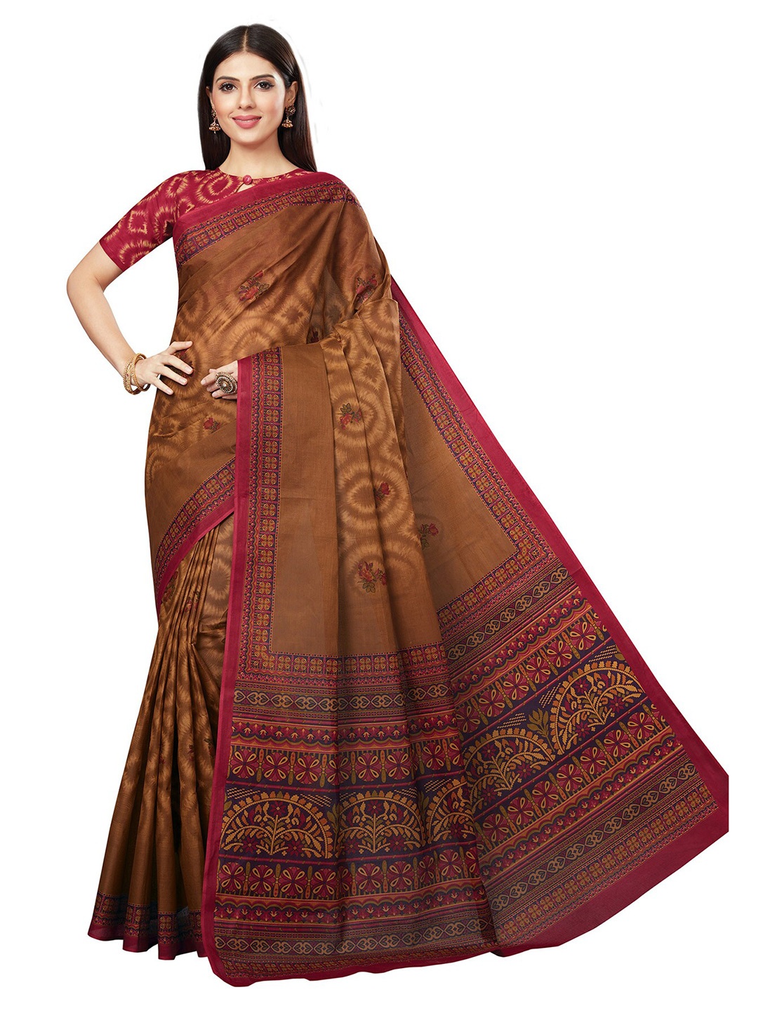 

SALWAR STUDIO Brown & Red Floral Print Pure Cotton Saree