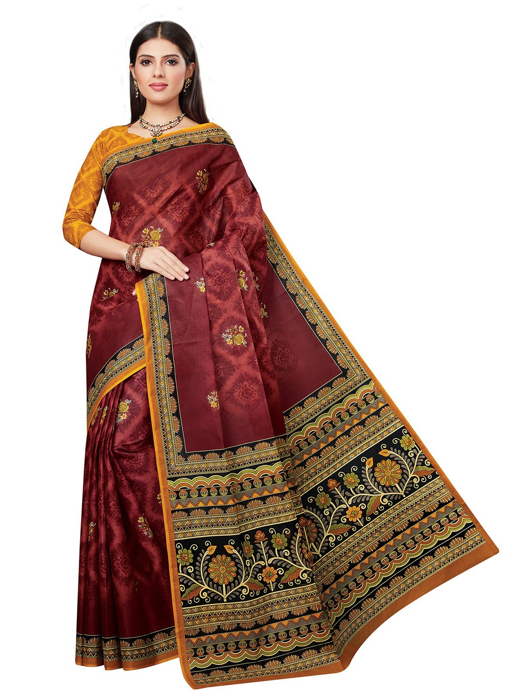 

SALWAR STUDIO Maroon & Green Floral Pure Cotton Saree