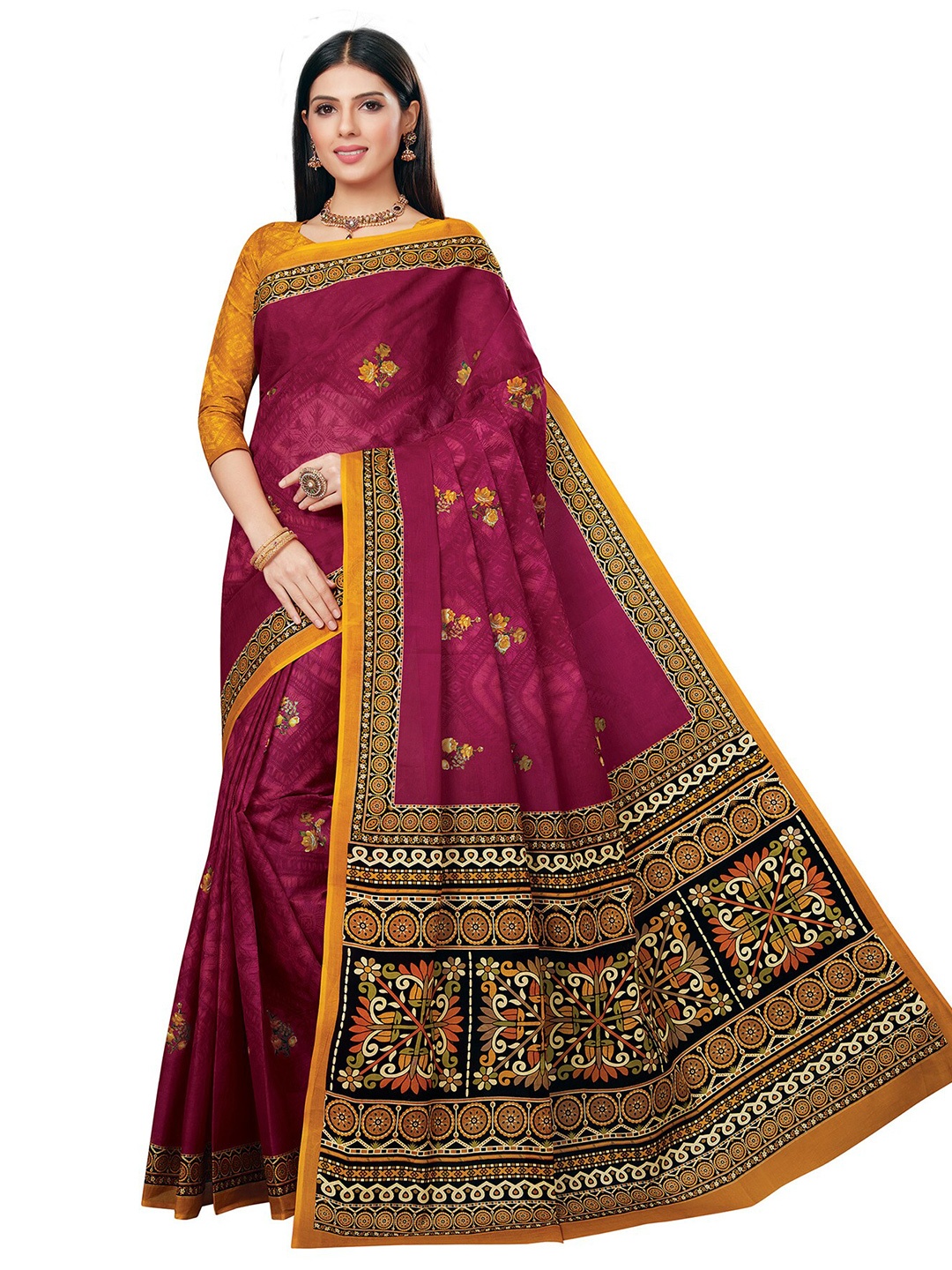 

SALWAR STUDIO Pink & Yellow Floral Pure Cotton Saree
